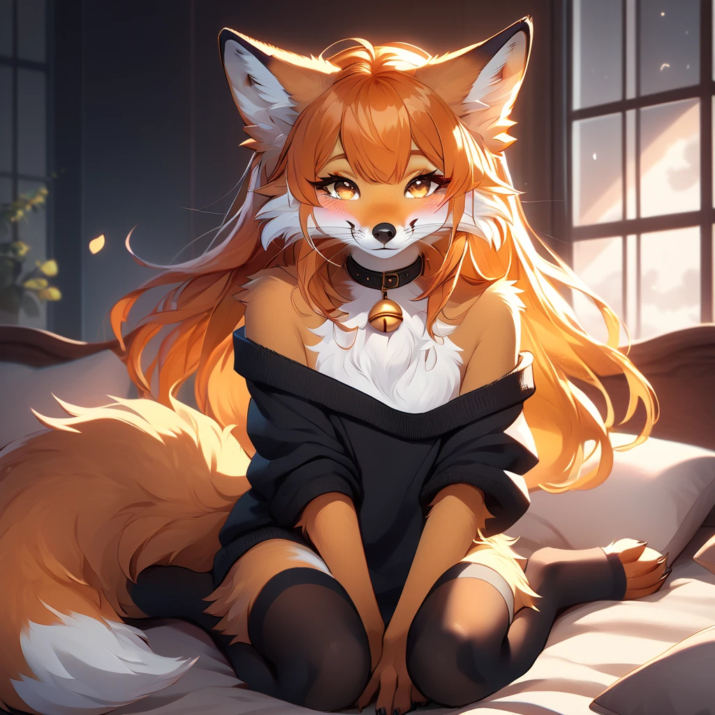 full body、Solo、unpralleled masterpiece、Detailed、 Beautiful、 score_9、 score_8_up、 score_7_up、moody atmosphere、mysterious、fox、anthro、furry、female、orange fur、(long hair、beautiful hair、orange hair、side swept hair、bangs)、yellow eyes、(fur tuft on chest、tuft of fur)、(digitigrade、claws、fox paws、exposed feet)、(foxy whiskers)、(heavily shaded orange body、dark black shading on body)、(sassy pose、sassy hips、sassy、flirtatious)、fluffy tail、(soft smile、light smile、blushing、looking at viewer with adoration)、wearing (Black simple stylish long socks、non-transparent thigh highs、Black crop off shoulder sweater、Colored hair bow、Collar with gold bell)、indoors、in a bedroom、pillow