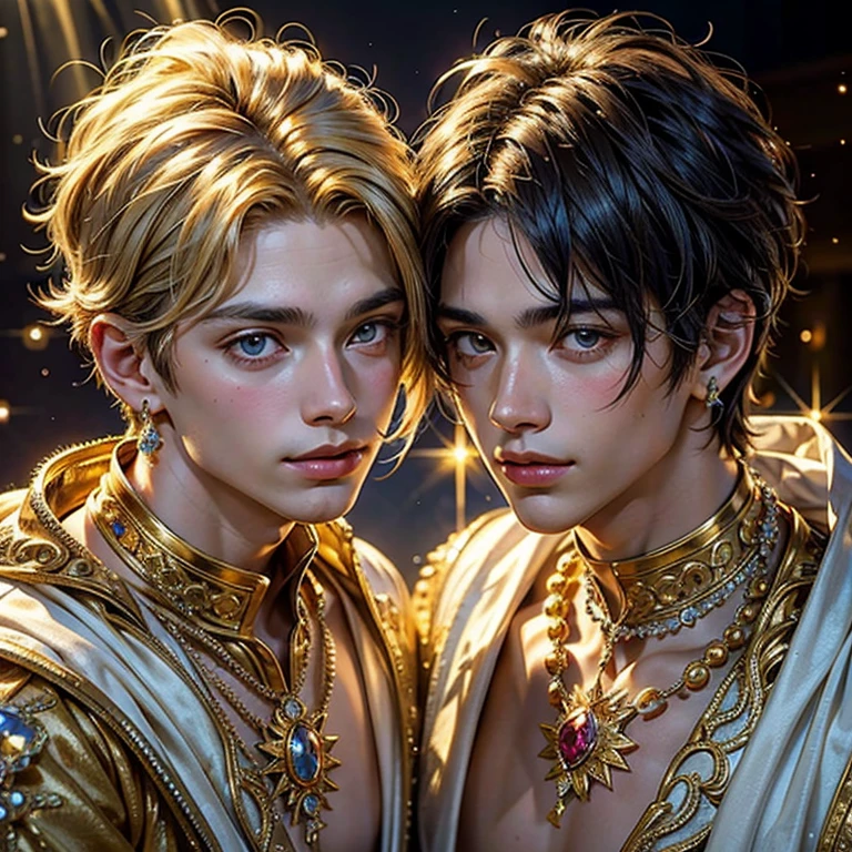  masterpiece fails,  high quality , Close-up of 2 boys against a background of sparkling jewels in artistic gold vessels, adorned with precious stones , diamonds , pearl , sun rays sparkle , reflecting off all this splendor , like laser beams , just fantastic !  very detailed ,  Colorful , The most detailed