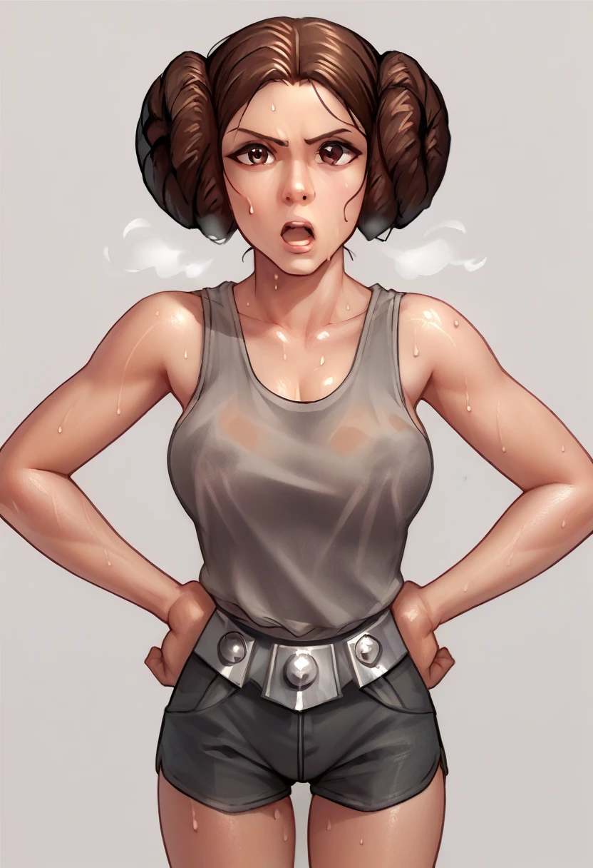 zPDXL2, source_anime, 
leiaxl, 1girl, solo,looking at viewer, breasts,  breasts, double bun, gray tank top, black shorts, ,hands on hips, open mouth, out of breath, sweaty, chin sweat
 