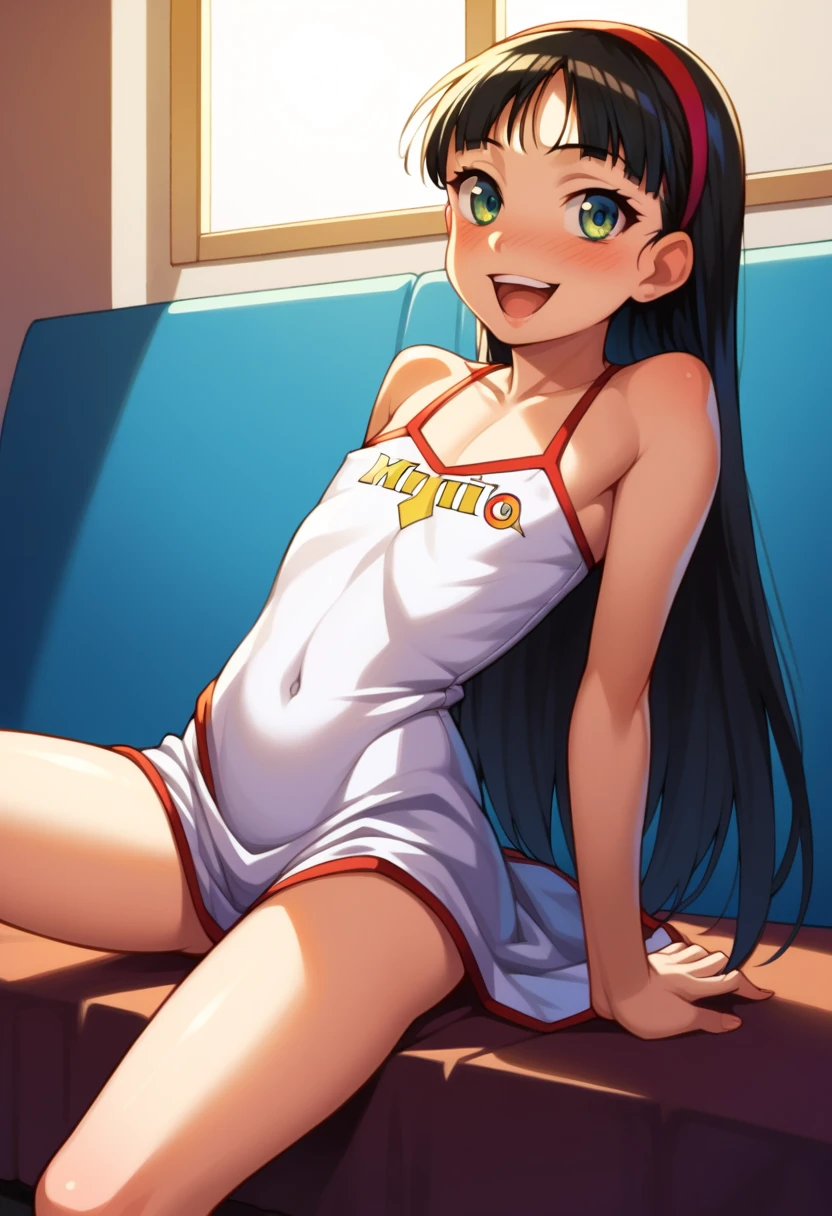 (( top quality)), ((masterpiece)), (be familiar with),  perfect face, indoor, bedroom,  watching viewers,
One woman,  Yukiko Aikina,
 open mouth,  with an ecstatic expression , blush, smile,
 small ,  flat chested, Young girl, Lori,  kids,  girl,
 long hair,  long hair on background,
Leg spread,