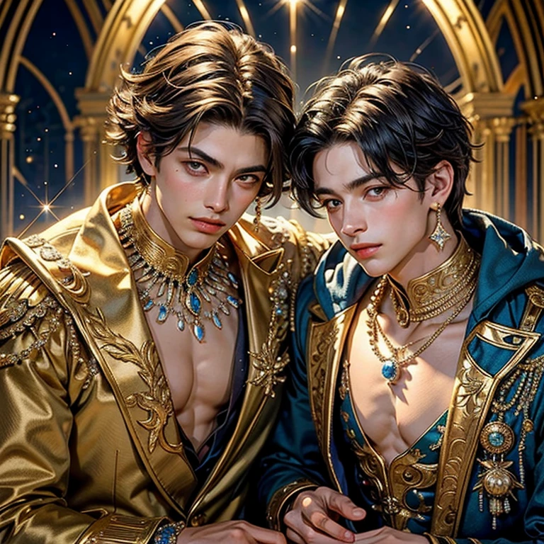  masterpiece fails,  high quality , Close-up of 2 boys against a background of sparkling jewels in artistic gold vessels, adorned with precious stones , diamonds , pearl , sun rays sparkle , reflecting off all this splendor , like laser beams , just fantastic !  very detailed ,  Colorful , The most detailed