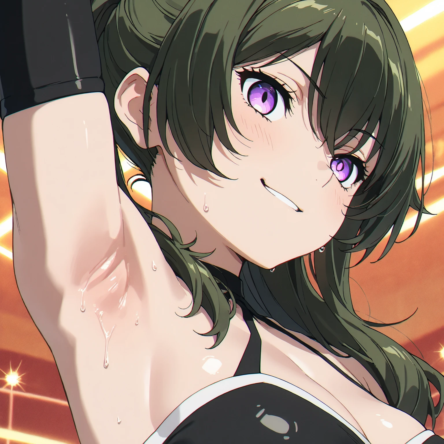 (Masterpiece, HDR, 4k, High Quality) Übel, 1girl, A young woman with dark green hair tied in a high ponytail, exuding an energetic and confident aura. She wears an edgy black sleeveless dress with a halter neckline, Armpits, Armpits Focus, Her face displays a sly smirk, (Arm Up, Show Armpits, Armpits, Detailed Armpits, Zoom Armpits, Side Armpits, Shiny Armpits, Sweat Armpits) hinting at her bold and mischievous personality. The simple fantasy backround.