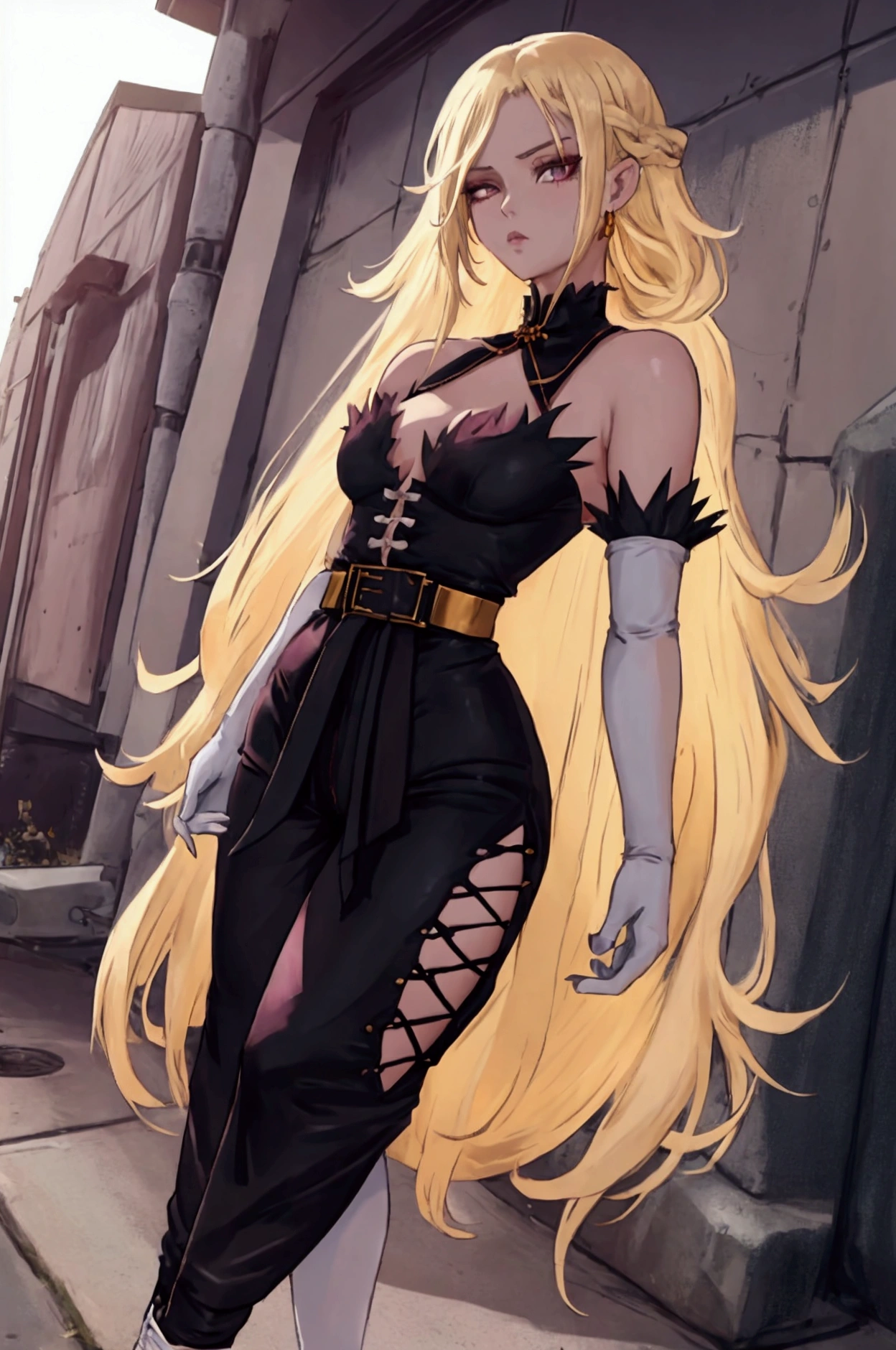 (2d anime style, realistic,  high quality,  super detailed, naughty girl)  a beautiful anime girl with a divine beauty ,  thin waist ,  platinum blonde hair and subtle light purple reflections ,  and a small dot rests under her left eyelid .  She has long black nails and normally wears her long hair in a braided style , hanging it on her left side .  Her clothes include an off-white coat with rolled sleeves ,  superimposed on a sleeveless black jumpsuit that resembles a qipao , ,  along with a white belt around her waist .  Complementing her outfit are black high-heeled boots .  Accessories are a lavender-colored round sunglasses for outdoor outings ,  black gloves with a golden knot that adorns your hands and ethnic-inspired gold earrings with a small black tassel hanging on it. 