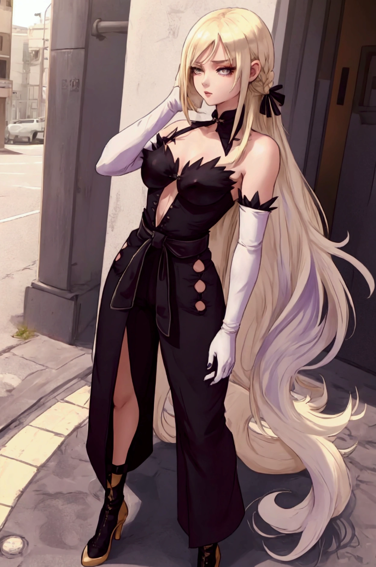 (2d anime style, realistic,  high quality,  super detailed, naughty girl)  a beautiful anime girl with a divine beauty ,  thin waist ,  platinum blonde hair and subtle light purple reflections ,  and a small dot rests under her left eyelid .  She has long black nails and normally wears her long hair in a braided style , hanging it on her left side .  Her clothes include an off-white coat with rolled sleeves ,  superimposed on a sleeveless black jumpsuit that resembles a qipao , ,  along with a white belt around her waist .  Complementing her outfit are black high-heeled boots .  Accessories are a lavender-colored round sunglasses for outdoor outings ,  black gloves with a golden knot that adorns your hands and ethnic-inspired gold earrings with a small black tassel hanging on it. 