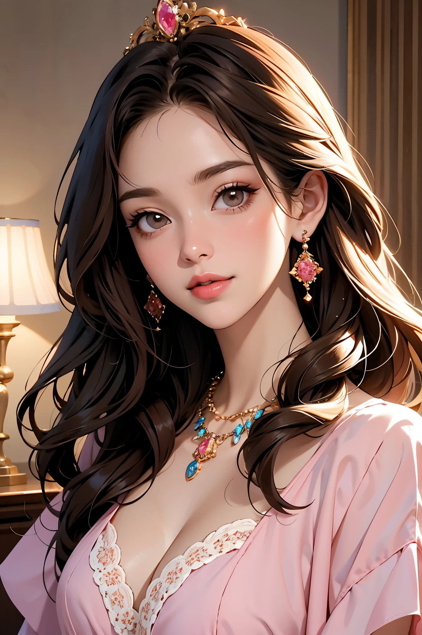 （ top quality,  masterpiece , 8k,  high definition ),  1 girl,  most beautiful face , (High Detail Skin : 1.2),  hair accessories,  keep staring at me,  beautiful brown eyes, smile, Shut your mouth., Beautiful pink lips,  Necklaces ,  earrings, gem, Light chestnut long hair, Round Hair , clear silk porcelain dress, Inside the luxurious guest room ,  chandeliers , Two-tone lighting,  blurry background,  Detailed illustrated art with background, CG, 