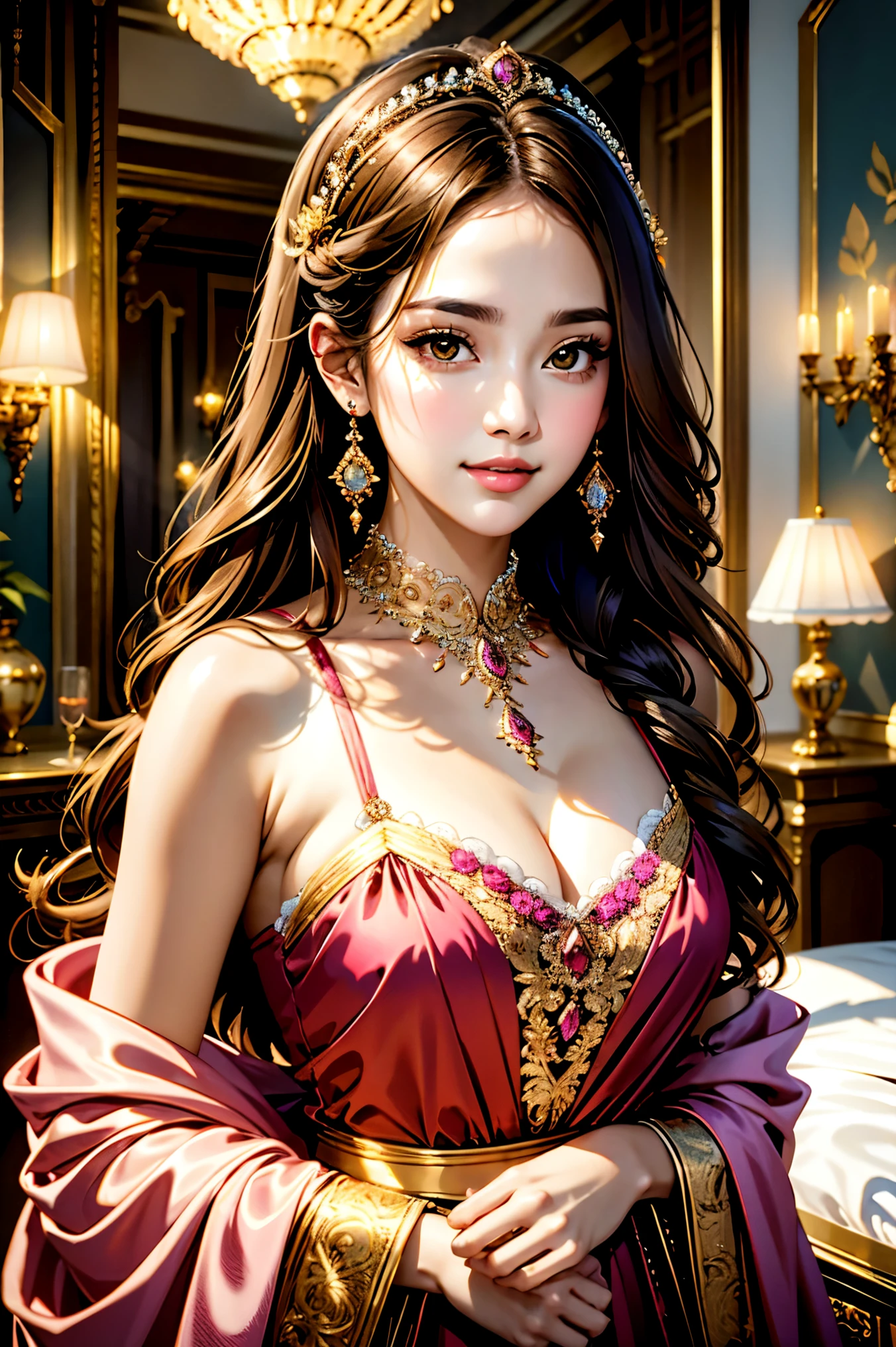 （ top quality,  masterpiece , 8k,  high definition ),  1 girl,  most beautiful face , (High Detail Skin : 1.2),  hair accessories,  keep staring at me,  beautiful brown eyes, smile, Shut your mouth., Beautiful pink lips,  Necklaces ,  earrings, gem, Light chestnut long hair, Round Hair , clear silk porcelain dress, Inside the luxurious guest room ,  chandeliers , Two-tone lighting,  blurry background,  Detailed illustrated art with background, CG, 