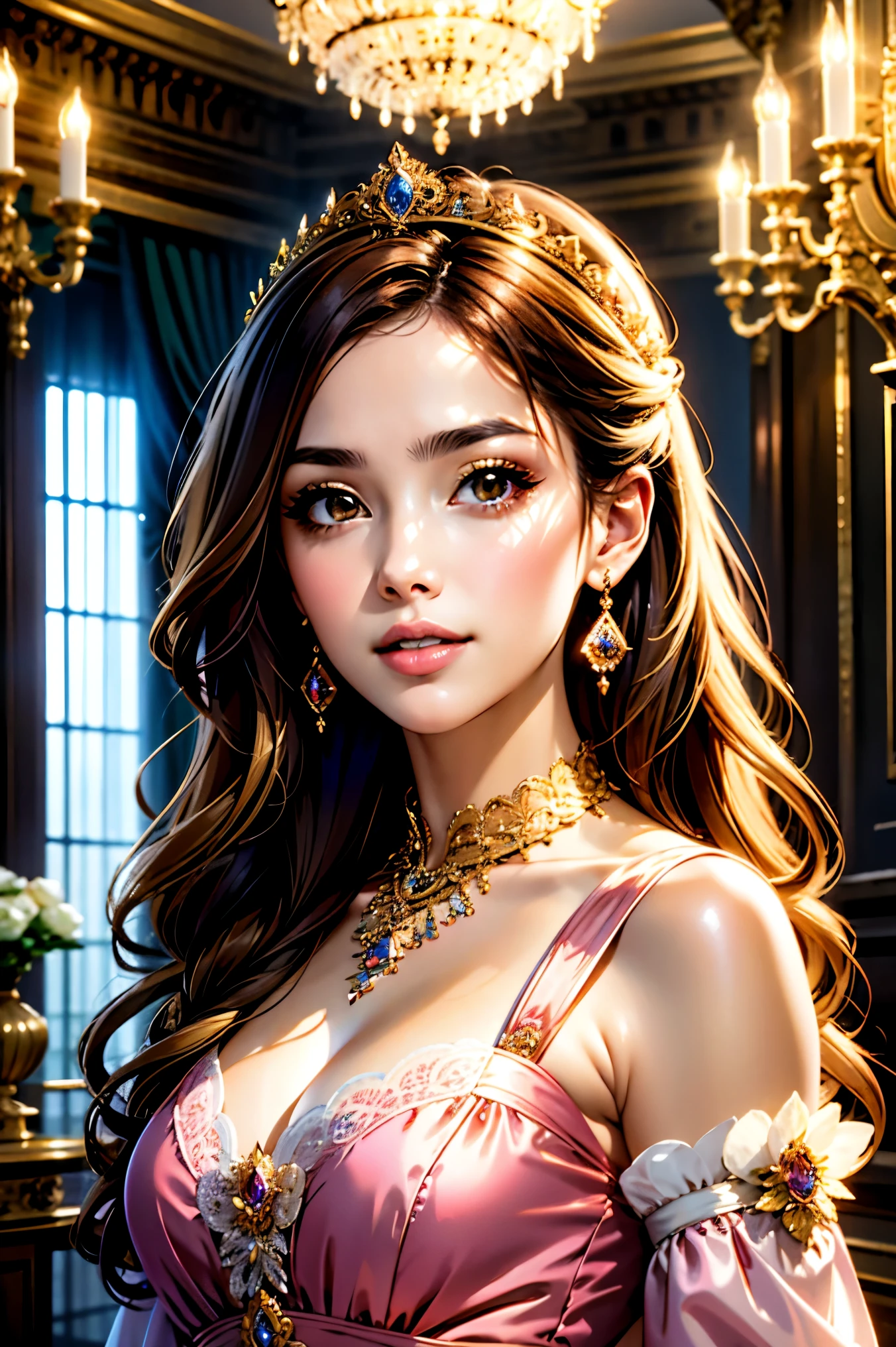 （ top quality,  masterpiece , 8k,  high definition ),  1 girl,  most beautiful face , (High Detail Skin : 1.2),  hair accessories,  keep staring at me,  beautiful brown eyes, smile, Shut your mouth., Beautiful pink lips,  Necklaces ,  earrings, gem, Light chestnut long hair, Round Hair , clear silk porcelain dress, Inside the luxurious guest room ,  chandeliers , Two-tone lighting,  blurry background,  Detailed illustrated art with background, CG, 