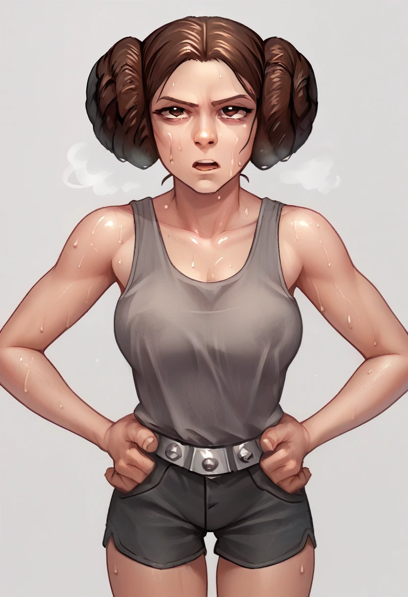 zPDXL2, source_anime, 
leiaxl, 1girl, solo, looking at viewer,  breasts, double bun, gray tank top, black shorts, ,hands on hips, open mouth, out of breath, sweaty, chin sweat, tired expression
 