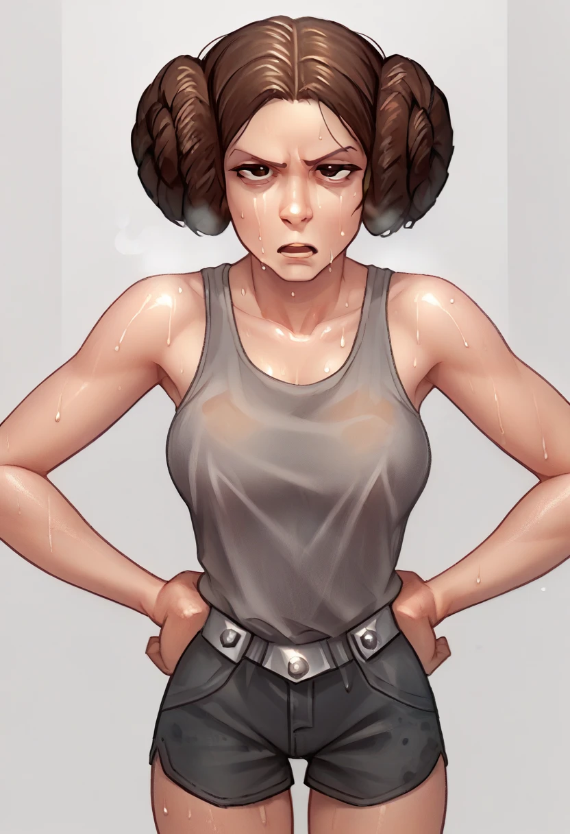 zPDXL2, source_anime, 
leiaxl, 1girl, solo, looking at viewer,  breasts, double bun, gray tank top, black shorts, ,hands on hips, open mouth, out of breath, sweaty, chin sweat, tired expression
 