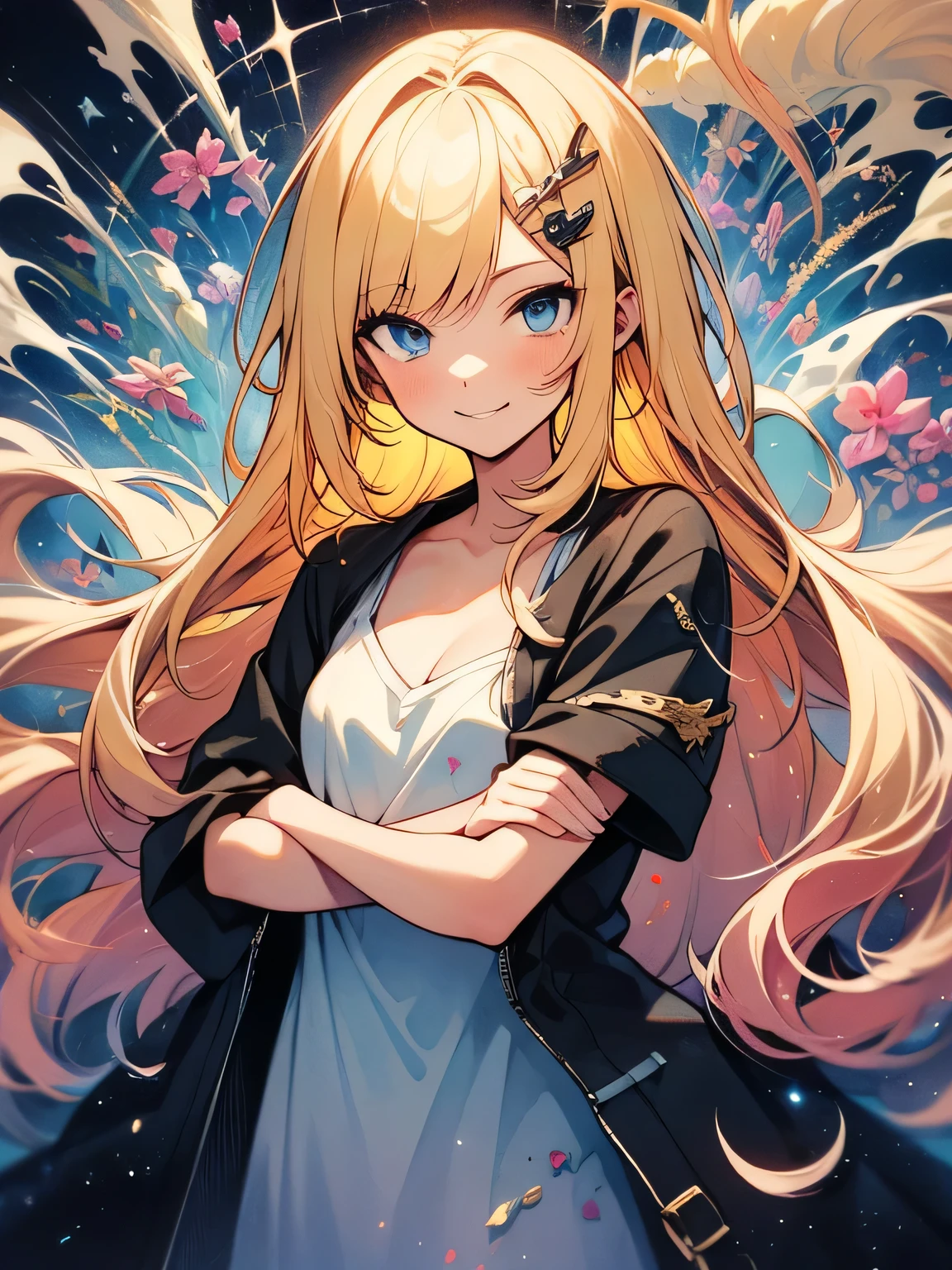 ((masterpiece,best quality)), ((((solo)))), alone, highres, extremely detailed 8K wallpaper, depth_of_field, cowboy shot, solo, 1girl, long hair, (blonde color hair), green eyes, bow, big breasts, wide hips, thights, dirty ally, purple dress, baggy eyes, dark blonde hair, pervert smile, shadows under her eyes, baggy eyes, stars, heels, fishnet tights, prostitute, night, dark, undressing panties, crossed arms,