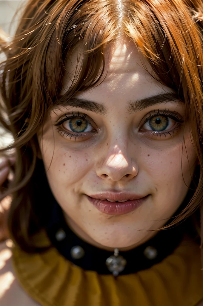 1girl, big clear eyes, eye contact, (small breasts:1.2), red choker, wide view, parted lips, pulpy lips, bright orange hair, showing off skirt, short messy hair, bangs, highly detailed, soft tones, extreme detail, no background, (detailed textures:1.1),  dramatic light, happy smile, high Depth Of Field, slight fisheye lens