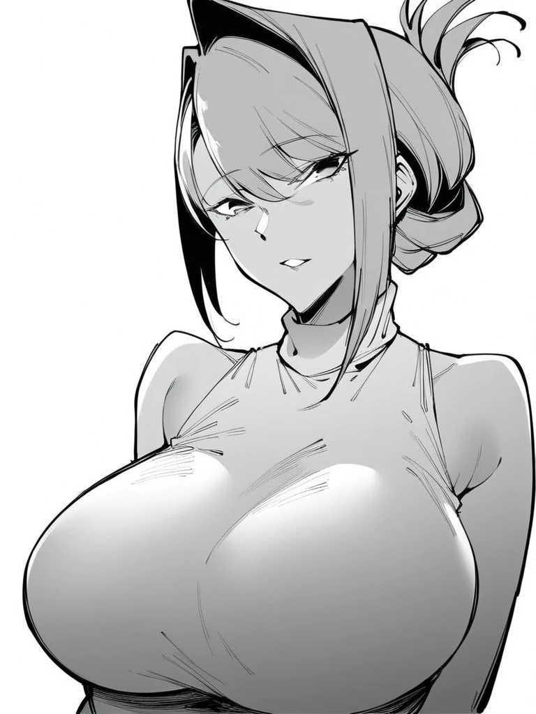 score_9, score_8_up, score_7_up, 
 1girl,  monochrome , Akabeni FC ,  folded ponytail,  giant breasts, 
turtleneck, sleeveless,  duration ,  ulybka,  looks at the viewer ,

white background,