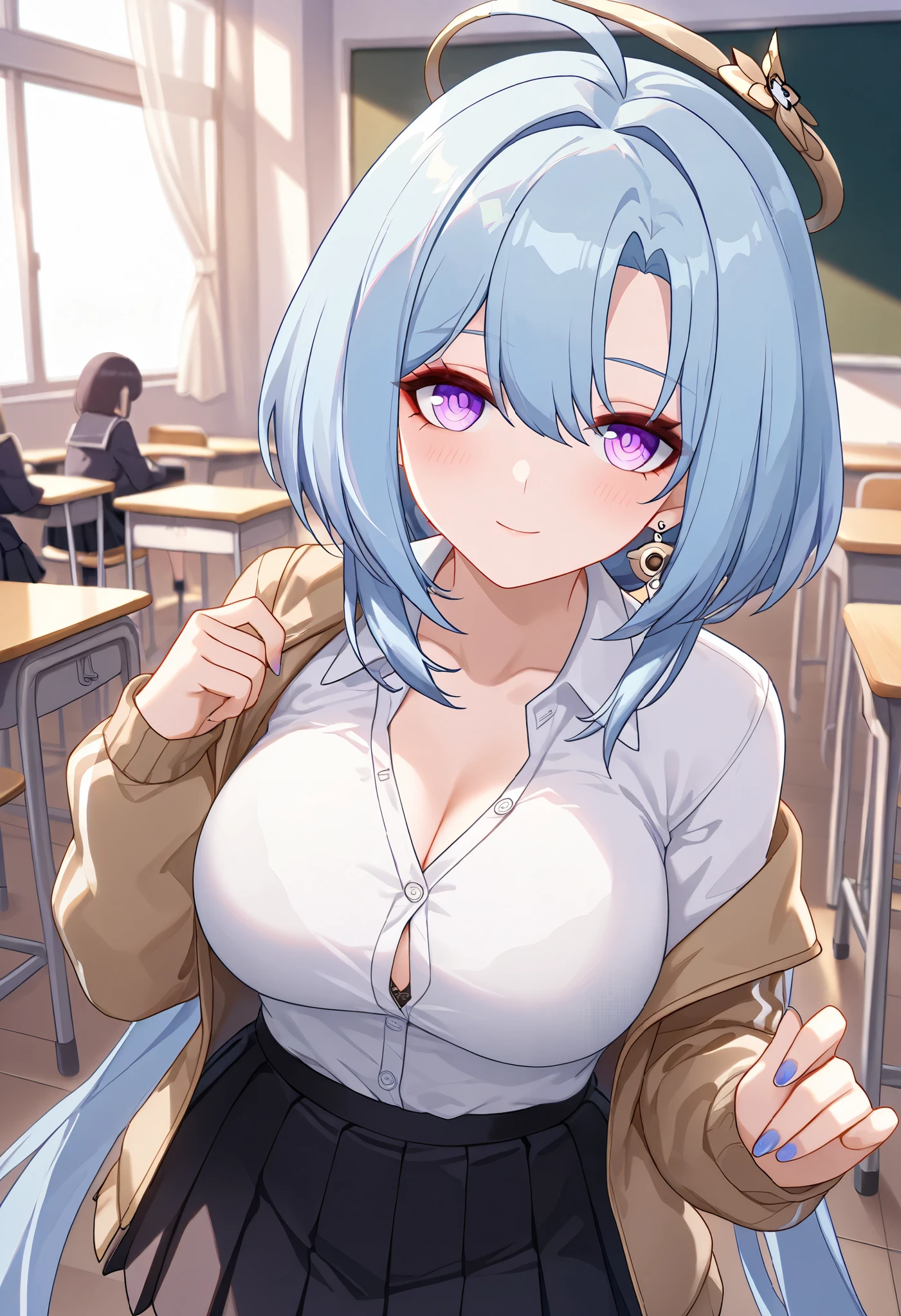 ultra-detailed,(best quality),((masterpiece)),(highres),original,extremely, 1girl, griseo,honkai impact 3rd, purple eyes, blue hair, large breasts, cleavage,looking at viewer, blush, smile, long sleeves, jacket, school uniform, white shirt, sidelocks, pleated skirt, open clothes, collared shirt, solo focus, indoors, black skirt, nail polish, hair intakes,classroom,