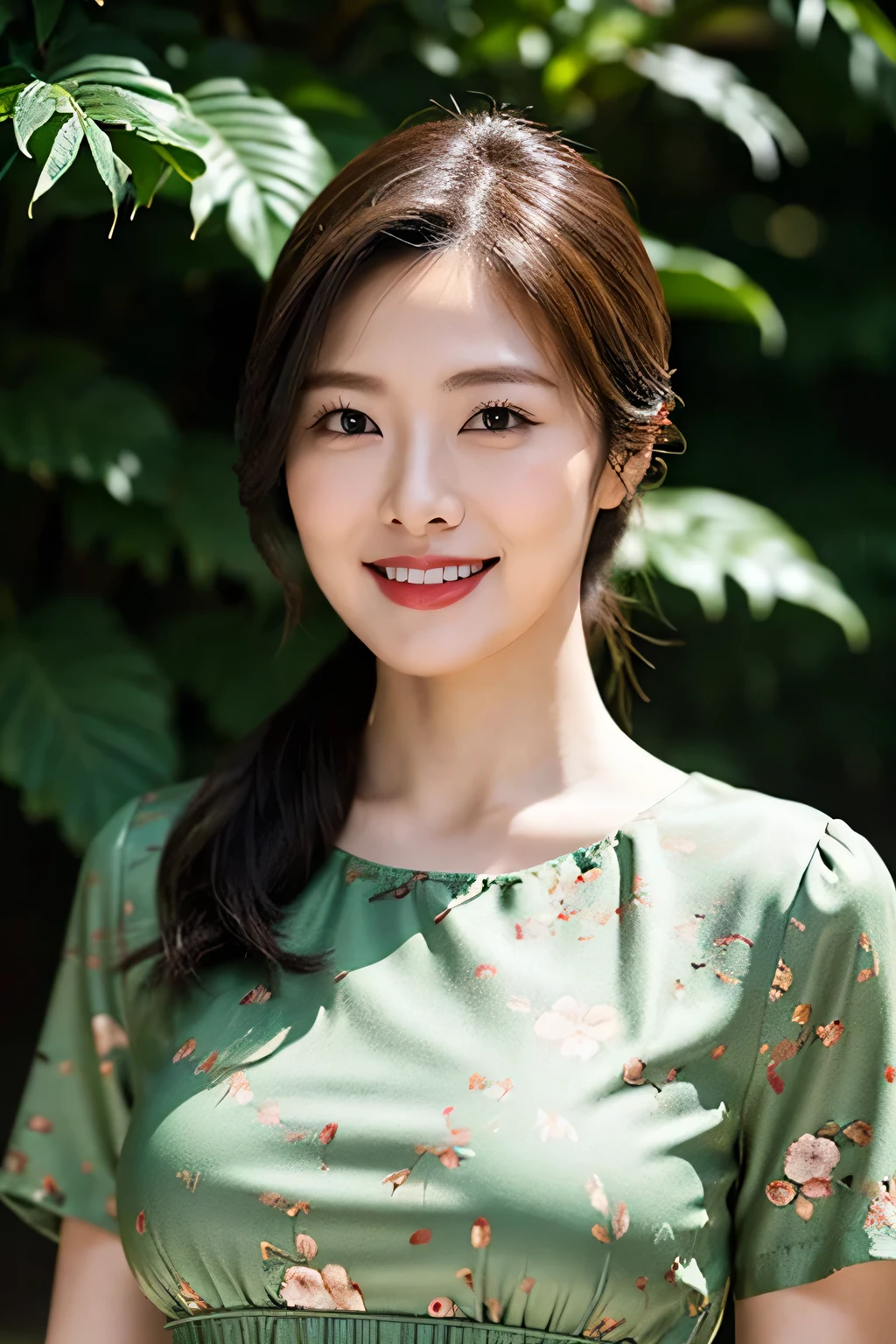 Draw lips correctly, red lipstick, from chest up, best quality, Super detailed, lifelike, Super fine skin, perfect anatomy, (1 日本Mature的女人), (alone),Wear a floral green high-end round neck dress,short sleeve,wavy long hair,27-year-old woman,Mature,charming smile,garden background,stand,脸胖胖的round face,round face,hair tied up,Slightly fat body,Big breasts,full-body shot