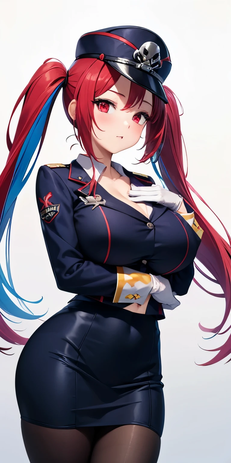 1 Female,High definition,high resolution,Ultra-realistic,8K, 1girl, solo, red hair, red eyes, twintails, employee uniform, pencil skirt, skull print, navy cap, fang, black legwear, white gloves, large breasts,European,sexy,Upper body close-up,Photographed from the front,Dynamic Angles,(blush), (medium tits) , multicolored hair 