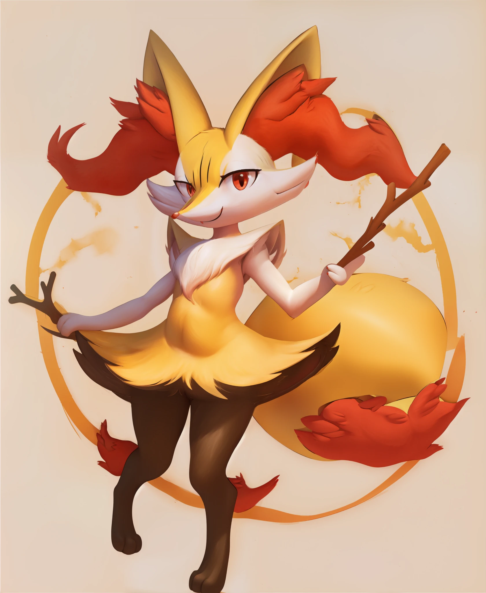 real e621, photorealistic, masterpiece, Braixen_(pokemon), looking at viewer, sharp red eyes, full body portrait, sweet smile, humanoid furry body, sexy, chubby thighs, thicc thighs, sexy pose, full body, sensual, female charm, smiling