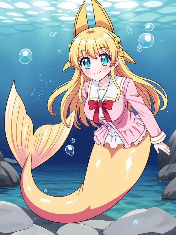 fate mermaid Hinata Tachibana - Life with an Ordinary Guy who Reincarnated into a Total Fantasy Knockout - COMMISSION, tall, mature, long blonde hair, shinny hair, blue eyes, large breasts, underwater sea, bubble airs, smile, red blush, looking at viewer, 