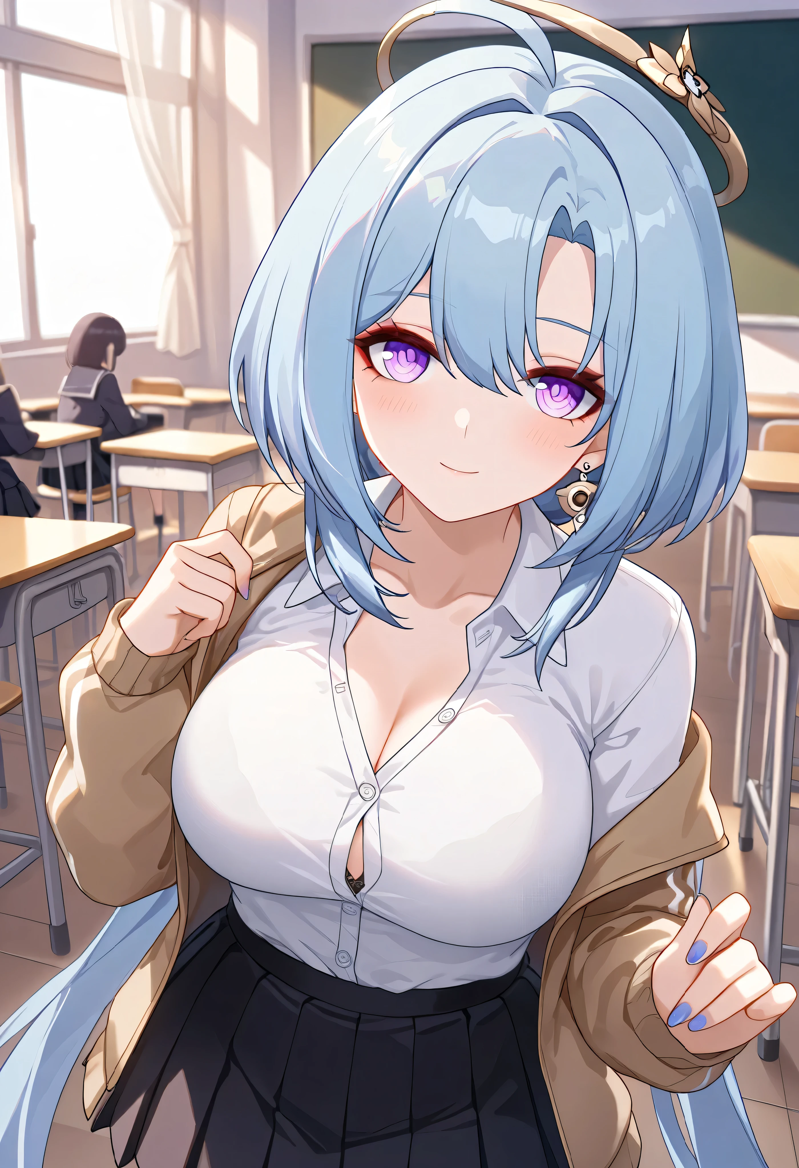 ultra-detailed,(best quality),((masterpiece)),(highres),original,extremely, 1girl, griseo,honkai impact 3rd, purple eyes, blue hair, large breasts, cleavage,looking at viewer, blush, smile, long sleeves, jacket, school uniform, white shirt, sidelocks, pleated skirt, open clothes, collared shirt, solo focus, indoors, black skirt, nail polish, hair intakes,classroom,