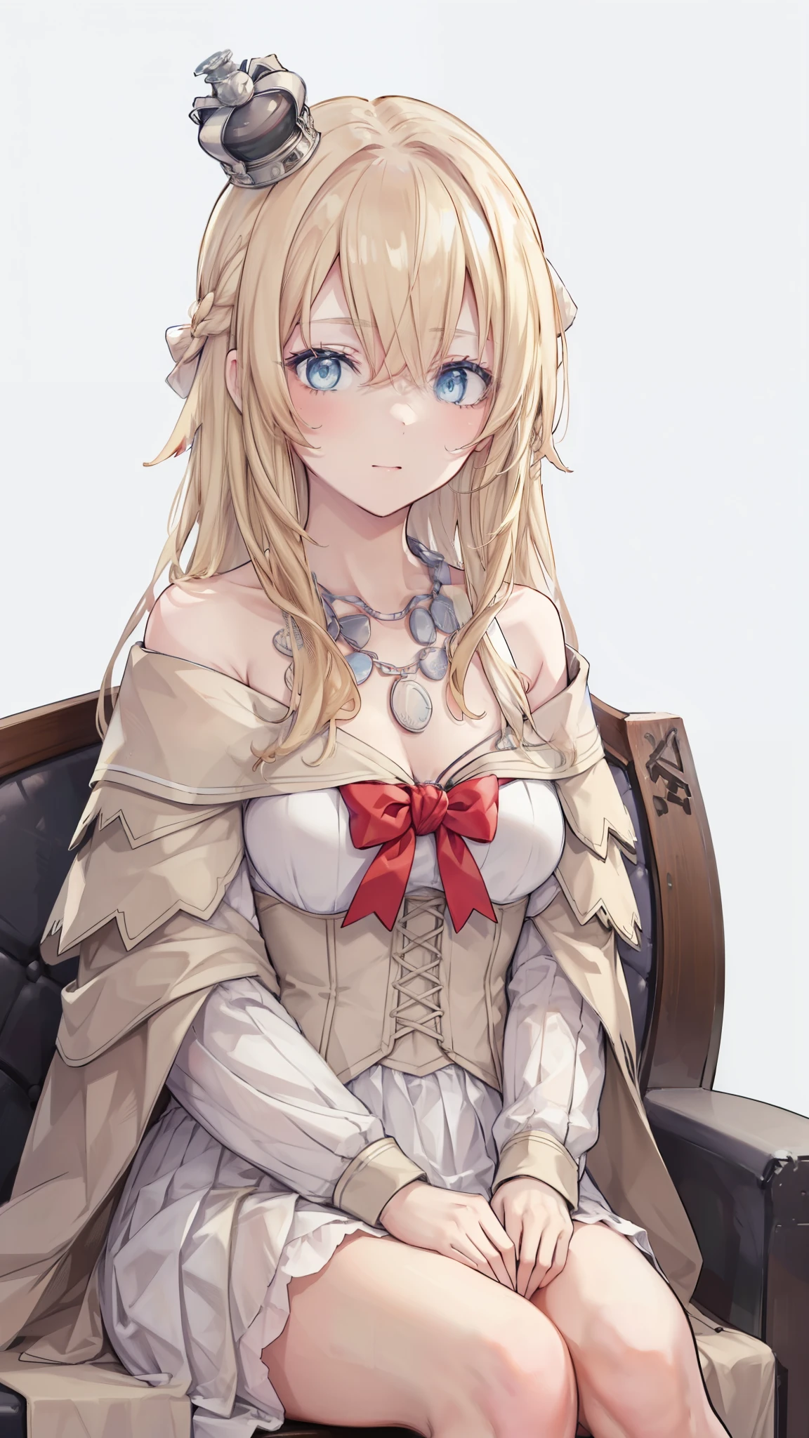 ,open eyes,,sitting on chair,blonde hair,blue eyes,bare shoulder, long sleeves,off-shoulder dress,necklace,red bow,mini crown