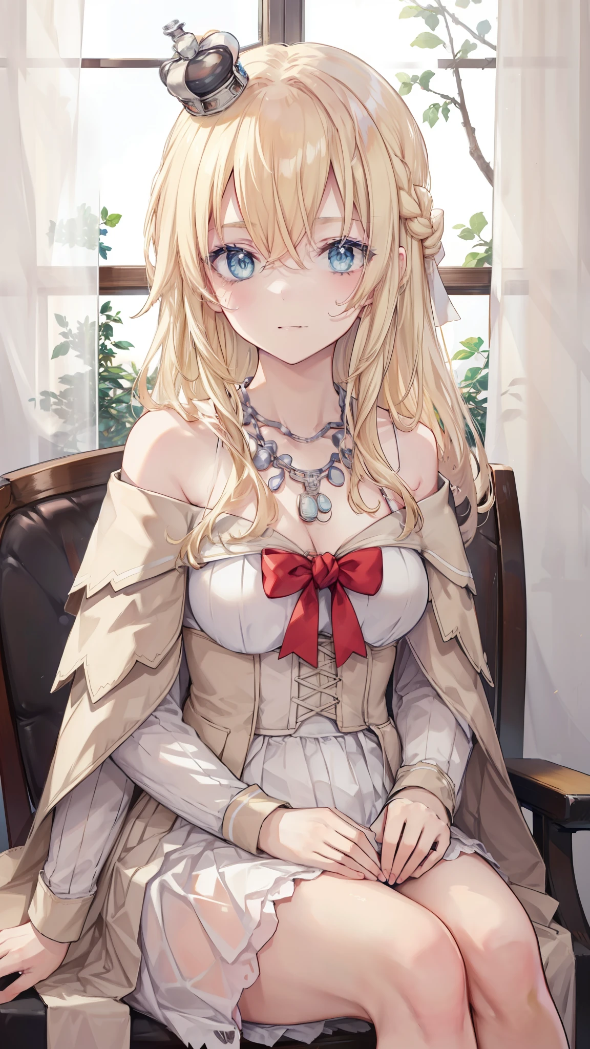 ,open eyes,,sitting on chair,blonde hair,blue eyes,bare shoulder, long sleeves,off-shoulder dress,necklace,red bow,mini crown