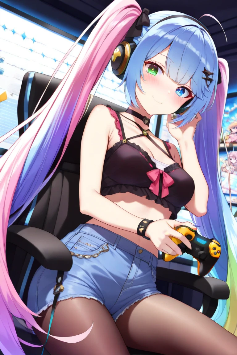 1girl, adult, mature, iridescent eyes, x-shaped iris, ribbons, small twinbraids, twintails,very long hair,detailed clothes, denim_dophin_shorts, pantyhose, focused, blushing, gameplay, smile, computer screens, gameplay, vtuber, gamer, crop top, (holding a game controller), (night theme:1.0), from top to bottom view, exquisite, high quality, best details, Decora, Decora Fashion, Harajuku Fashion, Decora Girl, headphones multicolored hair,purple hair, heterochromia, one green eyes, one mint eye, pink hair, Dark blue hair, HD, 32k,((high_quality)), ((Super_Detailed)),((high_quality)),((Super_Detailed)),  ,Dream Scenery background, (masterpiece:1.2), (best quality:1.2), (very aesthetic:1.2), (absurdres:1.2), (detailed background),newest, perfect anatomy,hatunemiku