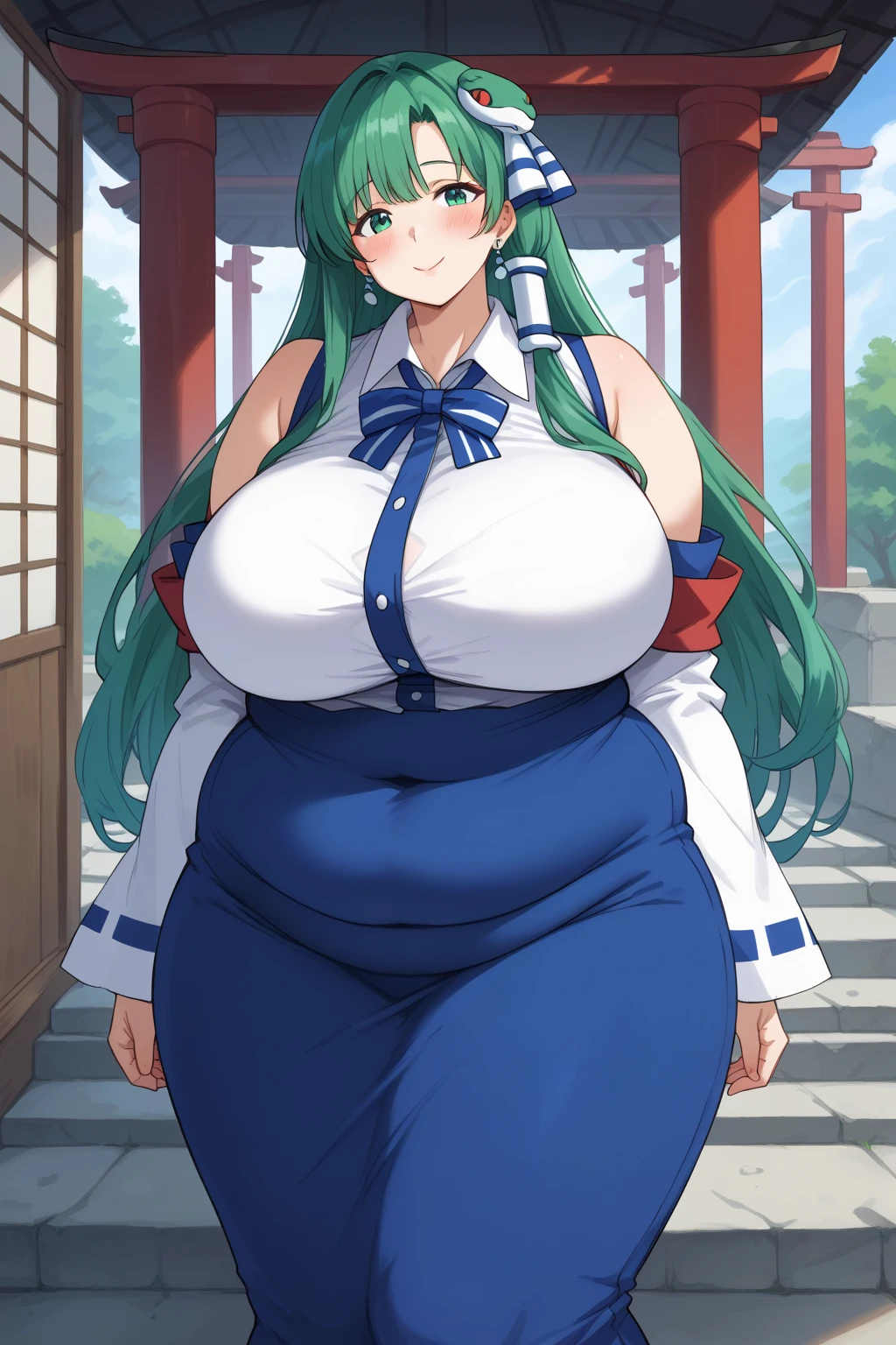 Sanae Kochiya, sanae kochiya,  long hair,  green hair,  green eyes,  Hair Tube, Snake hair ornament, collared shirt,  white shirt,  Detached Sleeves,  wide sleeve over mouth,  blue skirt,  ruffle skirt,  score_9,   score_8_up,   score_7_up,   score_6_up,   score_5_up,   score_4_up,     masterpiece   ,   top quality,   very aesthetic,   absurd,  Anime Women,   one woman , Alone,  personal  ,  Super huge breasts, ((( super huge clevis, Super huge , Super huge boob))), Curvy,  chubby,  obese body type, blush, Shy woman,  stomach flesh sticking out of clothes,　 sloppy stomach , Shrine grounds,  I'm worried about the fat around my stomach,  fat mature, fat milf, Woman in her 40s