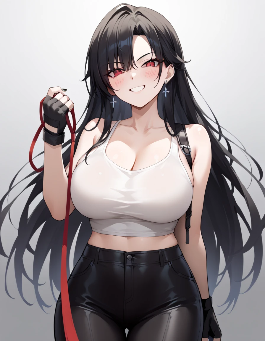 1girl, solo, masterpiece, best quality, (anime art style:1.0), long black hair, red eyes, smirking, round big breasts, white tank top, black leather pants, black leather fingerless gloves, black fingernails, POV | Viewer on Leash, blushing, stud earrings