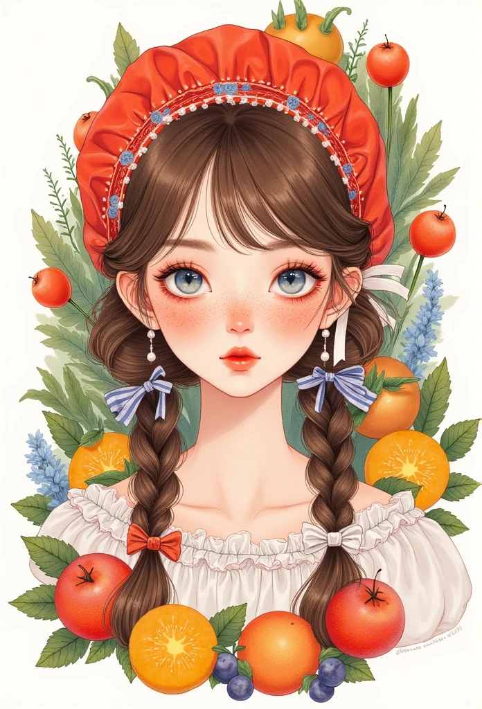 color,1 Girl, freckle,  unique ,   brown hair  , Red headdress, Twin ponytails,   white background ,  long hair,  Watching the Audience , fruit, have,  simple background, food,  blue eyes , food print,  upper body,   split his lips , ribbon, portrait, White ribbon,  traditional media, 