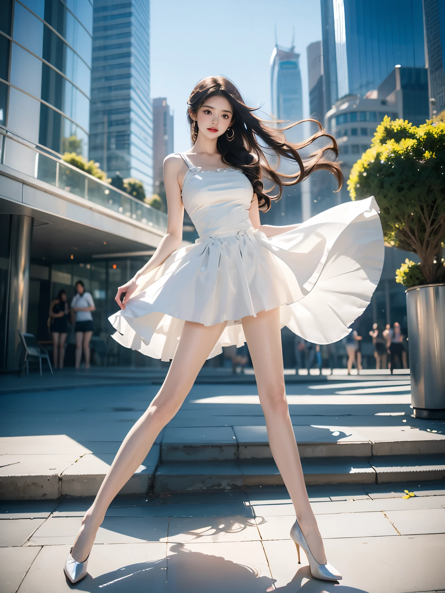 A young woman with long, flowing hair sits gracefully on a step in a vibrant urban environment. Her right hand gently touches her hair, and her posture leans slightly forward, exuding elegance and poise. Her left leg extends naturally downward with a relaxed and soft bend at the knee, while her right leg is slightly raised, with the foot positioned delicately on the step. Her legs are slender, well-proportioned, and anatomically correct, featuring smooth lines and graceful curves, emphasizing a realistic and beautiful shape. Her shoes, close to the camera, add detail and style to her pose. The background highlights modern glass skyscrapers that reflect the warm sunlight, under a clear blue sky with scattered white clouds. The scene is bathed in natural sunlight, creating a bright and inviting atmosphere. Hyper-realistic, anatomically accurate, and harmonious proportions.