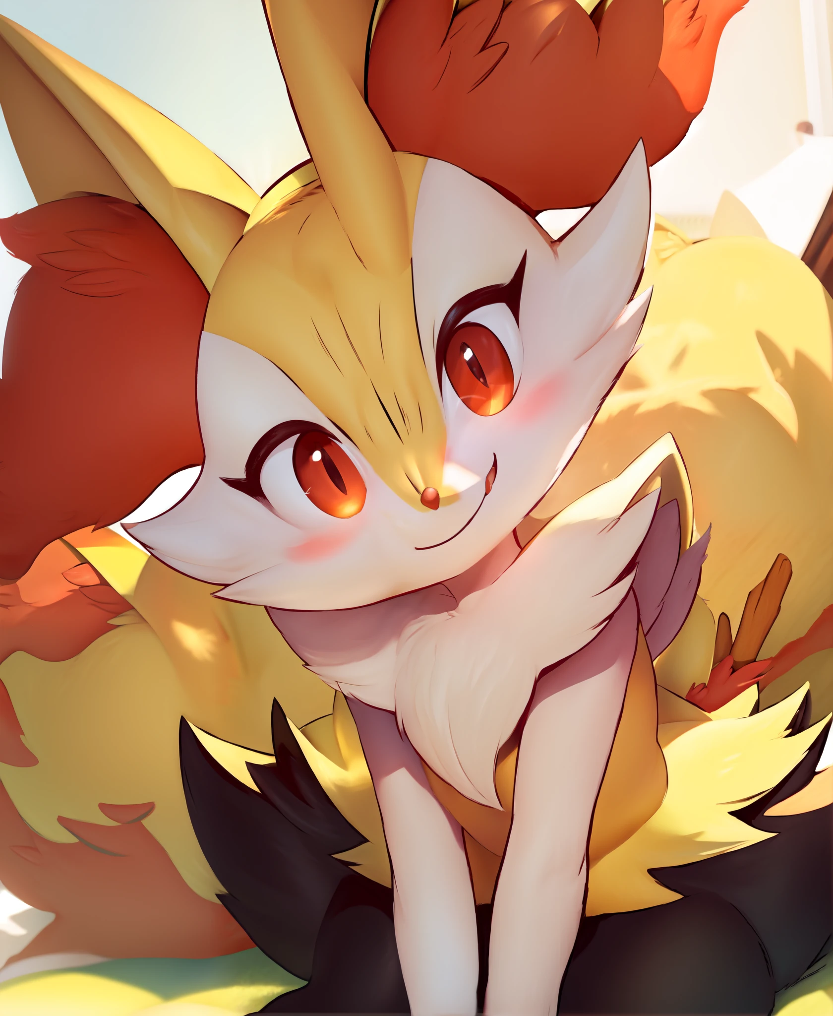 real e621, photorealistic, masterpiece, Braixen_(pokemon), looking at viewer, sharp red eyes, full body portrait, sweet smile, humanoid furry body, sexy, chubby thighs, thicc thighs, sexy pose, full body, sensual, female charm, smiling