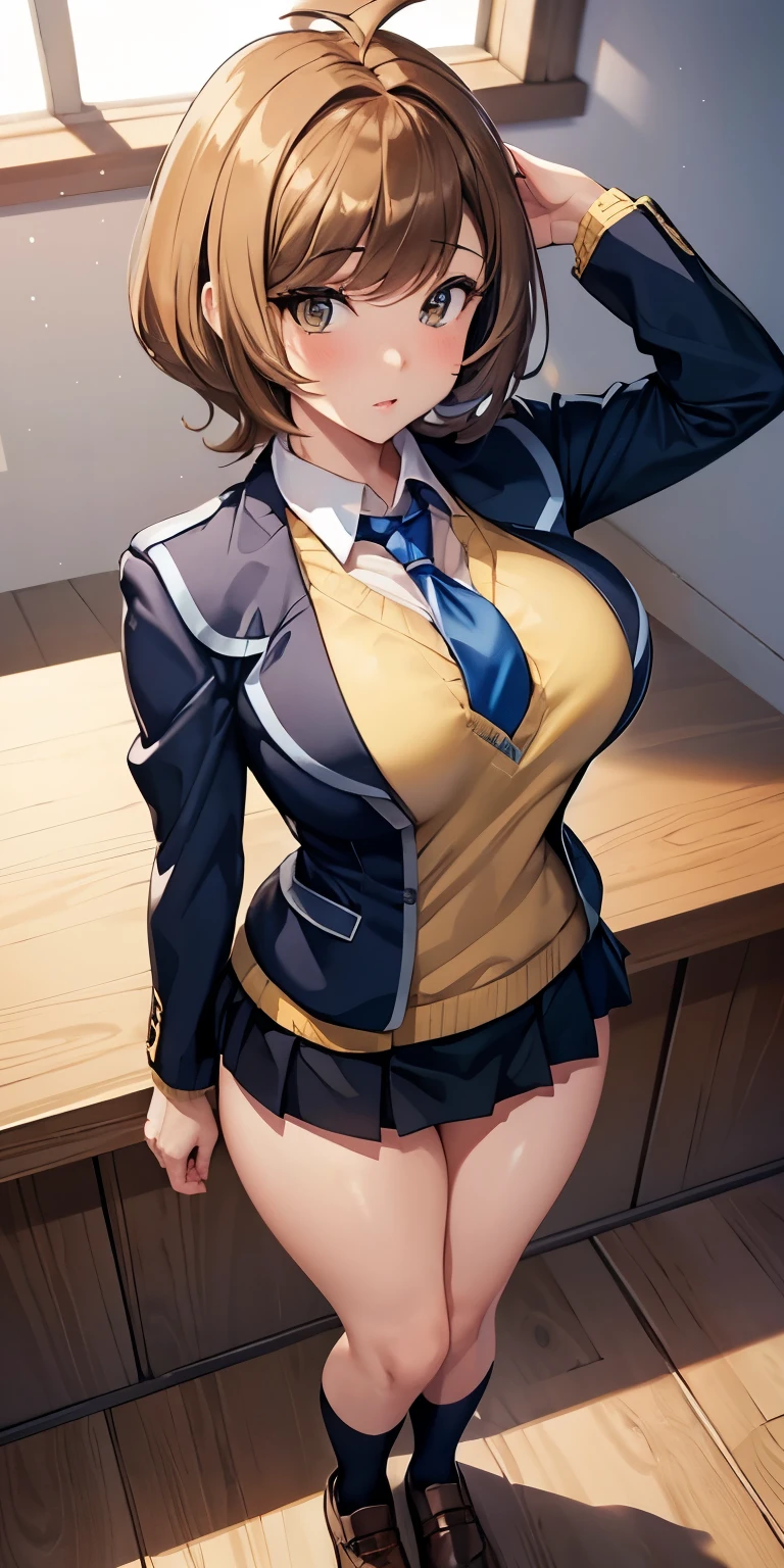 1 Female,High definition,high resolution,Ultra-realistic,8K, hmza, short hair, antenna hair, brown eyes, school uniform, blue necktie, yellow shirt,black jacket, long sleeves, black skirt,tight skirt, miniskirt, large breasts, brown shoes,large breasts,European,sexy,Photographed from the front,Dynamic Angles,private teacher,A little sheer underwear,blue underwear,blush, big tits ,(top view),(full body), perfect face,cute face