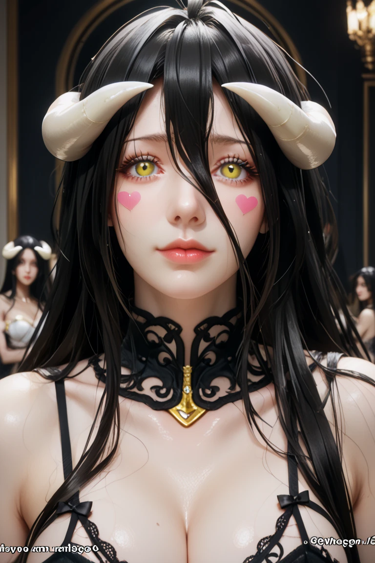 ( masterpiece ,  best quality ), 1 girl,2d, beautiful face, demon horns ,( long black hair ),( black hair)( black hair largo),( yellow eyes ),pesones with cold , HIGH QUALITY,ultra detailed , albedo,choke, long hair, big breasts , self-adhesive stickers for nipple heart-shaped lingerie..