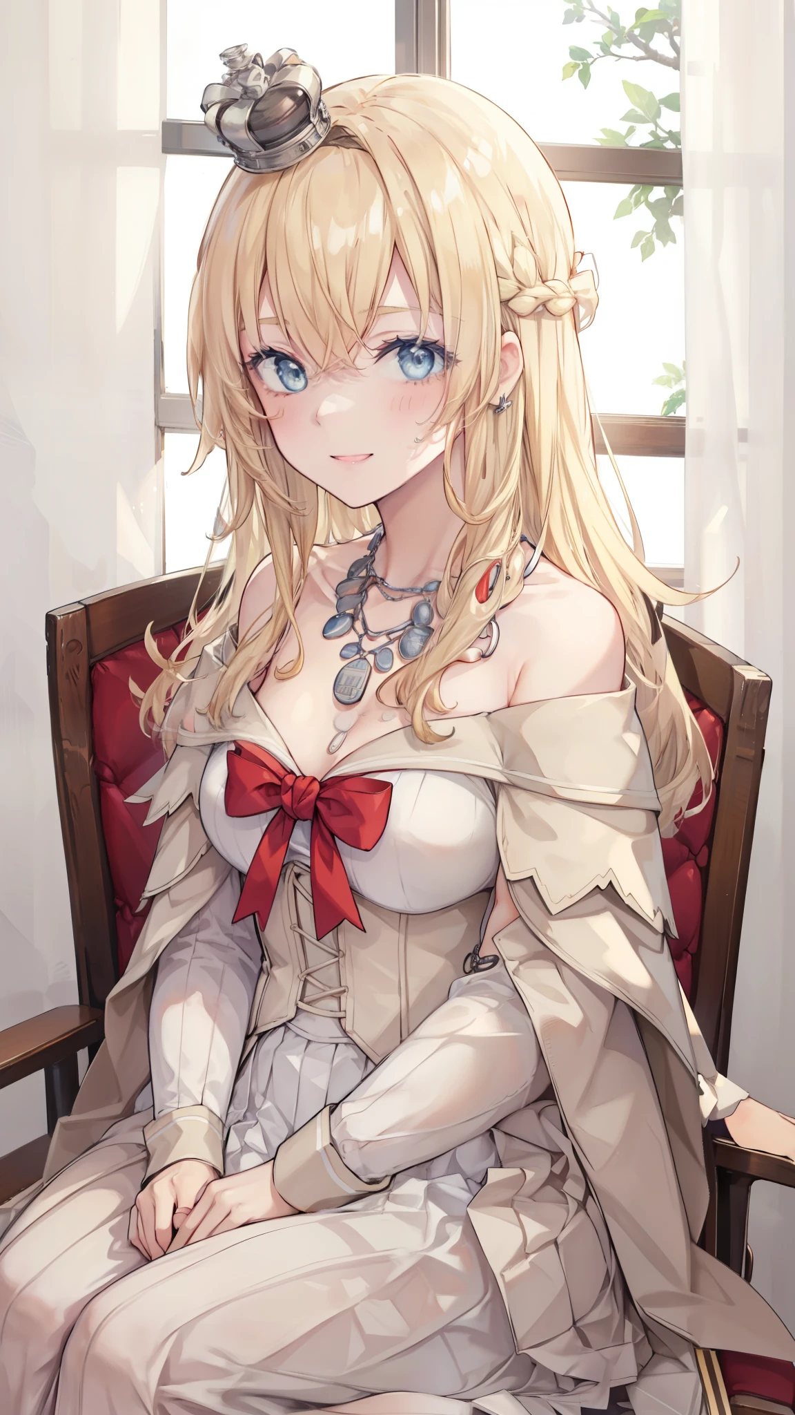 ,open eyes,,sitting on chair,blonde hair,blue eyes,bare shoulder, long sleeves,off-shoulder dress,necklace,red bow,mini crown,smile ,