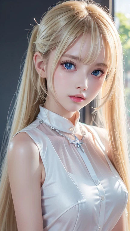  Portraits、 school uniform、Bright expression、 ponytail、 young shiny shiny white shiny skin 、Great looks、Blonde reflection、Platinum blonde hair with highlights、 shiny bright hair ,、Smooth, super long, straight hair、Shiny, beautiful bangs、 sparkling crystal clear charming big blue eyes、very beautiful lovely cute  girl 、Ample Bust