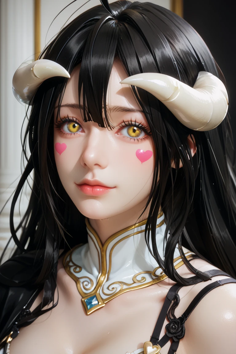 ( masterpiece ,  best quality ), 1 girl,2d, beautiful face, demon horns ,( long black hair ),( black hair)( black hair largo),( yellow eyes ),pesones with cold , HIGH QUALITY,ultra detailed , albedo,choke, long hair, big breasts , self-adhesive stickers for nipple heart-shaped lingerie..