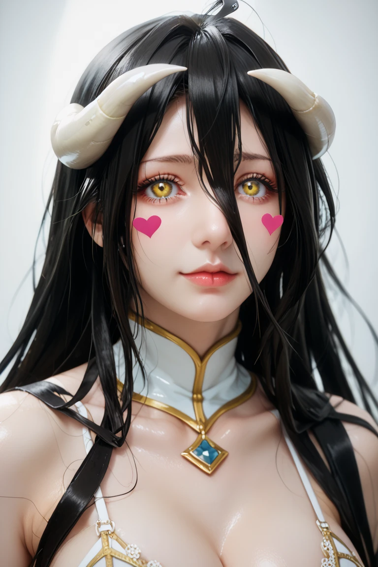 ( masterpiece ,  best quality ), 1 girl,2d, beautiful face, demon horns ,( long black hair ),( black hair)( black hair largo),( yellow eyes ),pesones with cold , HIGH QUALITY,ultra detailed , albedo,choke, long hair, big breasts , self-adhesive stickers for nipple heart-shaped lingerie..