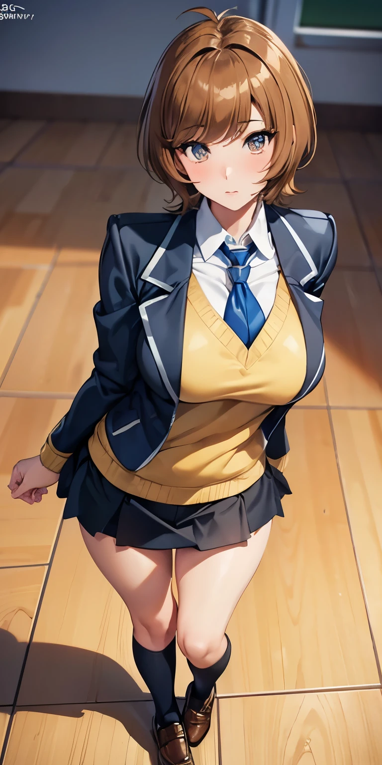 1 Female,High definition,high resolution,Ultra-realistic,8K, hmza, short hair, antenna hair, brown eyes, school uniform, blue necktie, yellow shirt,black jacket, long sleeves, black skirt,tight skirt, miniskirt, large breasts, brown shoes,large breasts,European,sexy,Photographed from the front,Dynamic Angles,private teacher,A little sheer underwear,blue underwear,blush, big tits ,(top view),(full body), perfect face,cute face