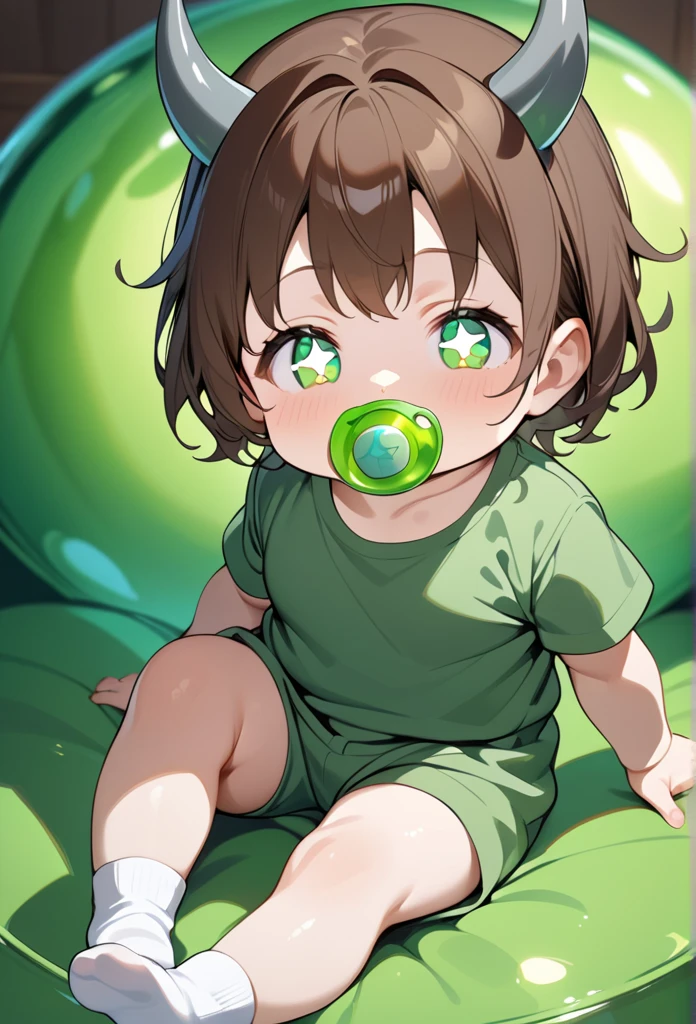  best quality , amazing quality,toddler,anime,young, brown hair with green reflections ,gray horns ,green eyes with star-shaped pupils,baby pacifier in the shape of a green ball,green jumpsuit t-shirt and socks,