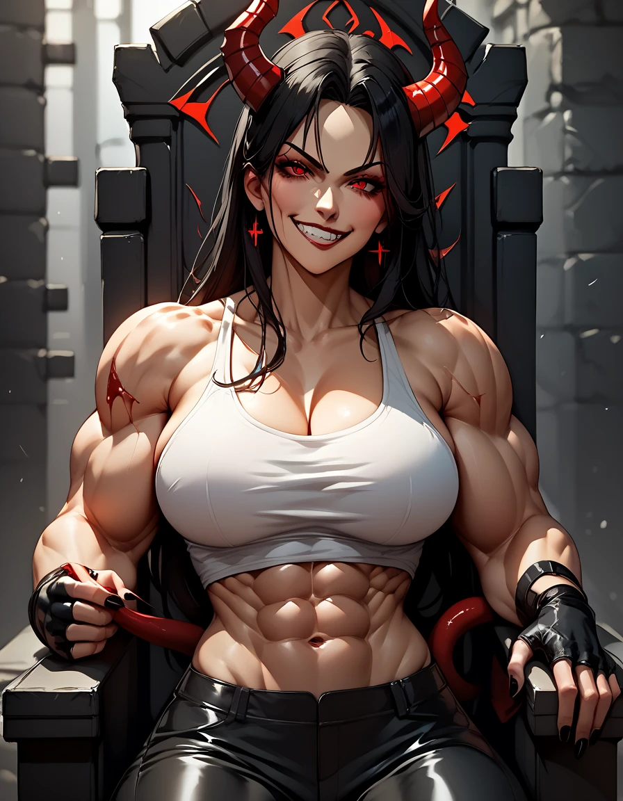 1girl, solo, masterpiece, best quality, (anime art style:1.0), long black hair, red eyes, smirking, round big breasts, white tank top, black leather pants, black leather fingerless gloves, black fingernails, red demon horns, spiky demon tail, smirking, blushing, blood on her tank top, sitting on a black throne, Extreme Female Muscular