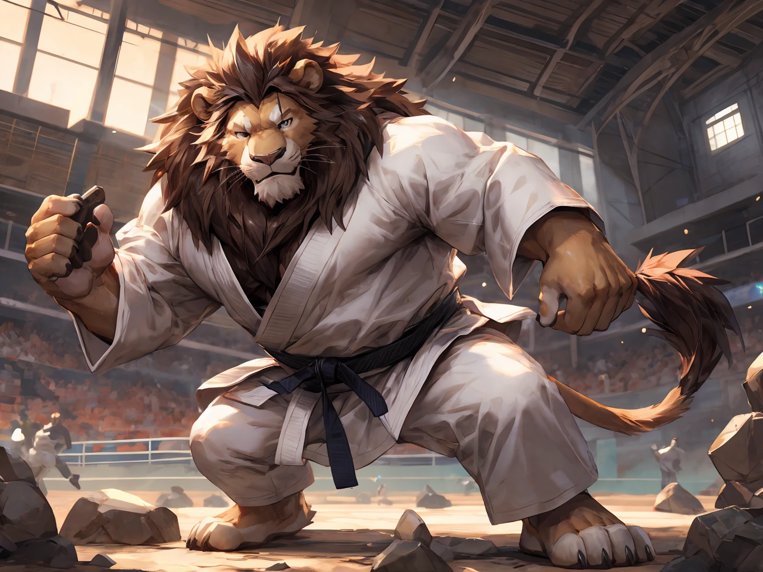 Alex the Lion, muscular body, big biceps, extremely beautiful and cute face, wears white karate kimono, bare feet, gentle look, cute smile, selfie, dojo background