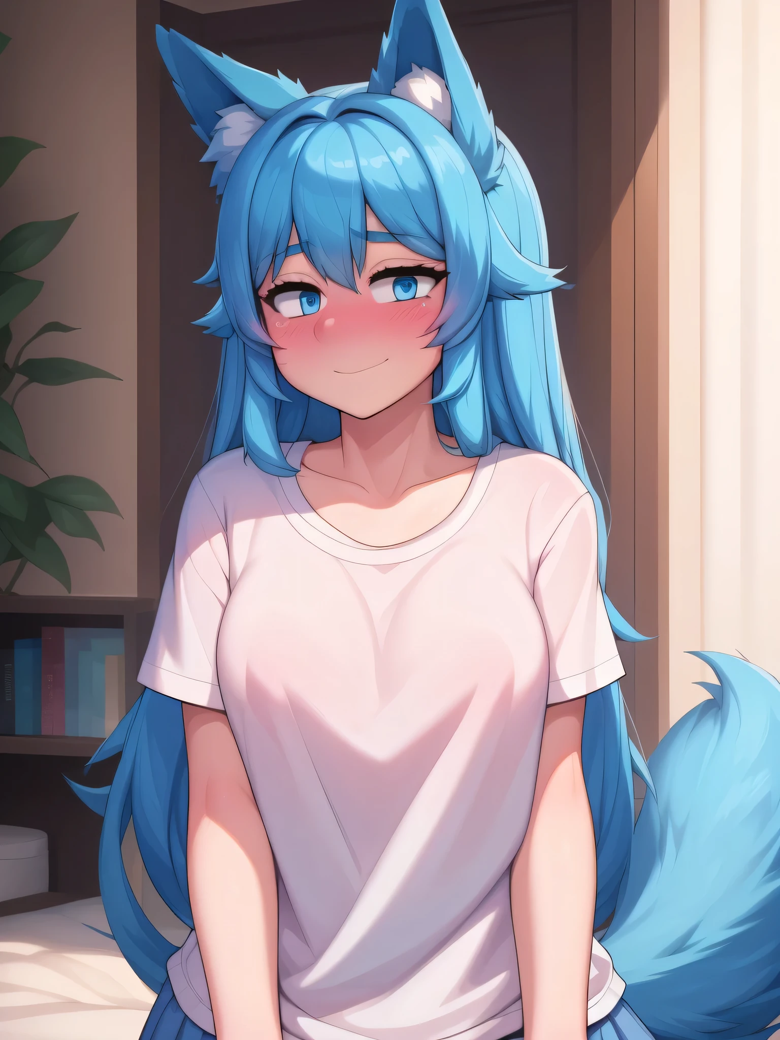 (Masterpiece) (High Detail) (High Res) A short humanoid girl with pale human skin and blue eyes and long blue hair and blue dog ears and a fluffy blue dog tail and average breasts. She is wearing only a large white oversized baggy t-shirt. She is kneeling down and looking up to the viewer. She is smiling happily. She is blushing. She is kneeling in a void empty background one colour. White background.
