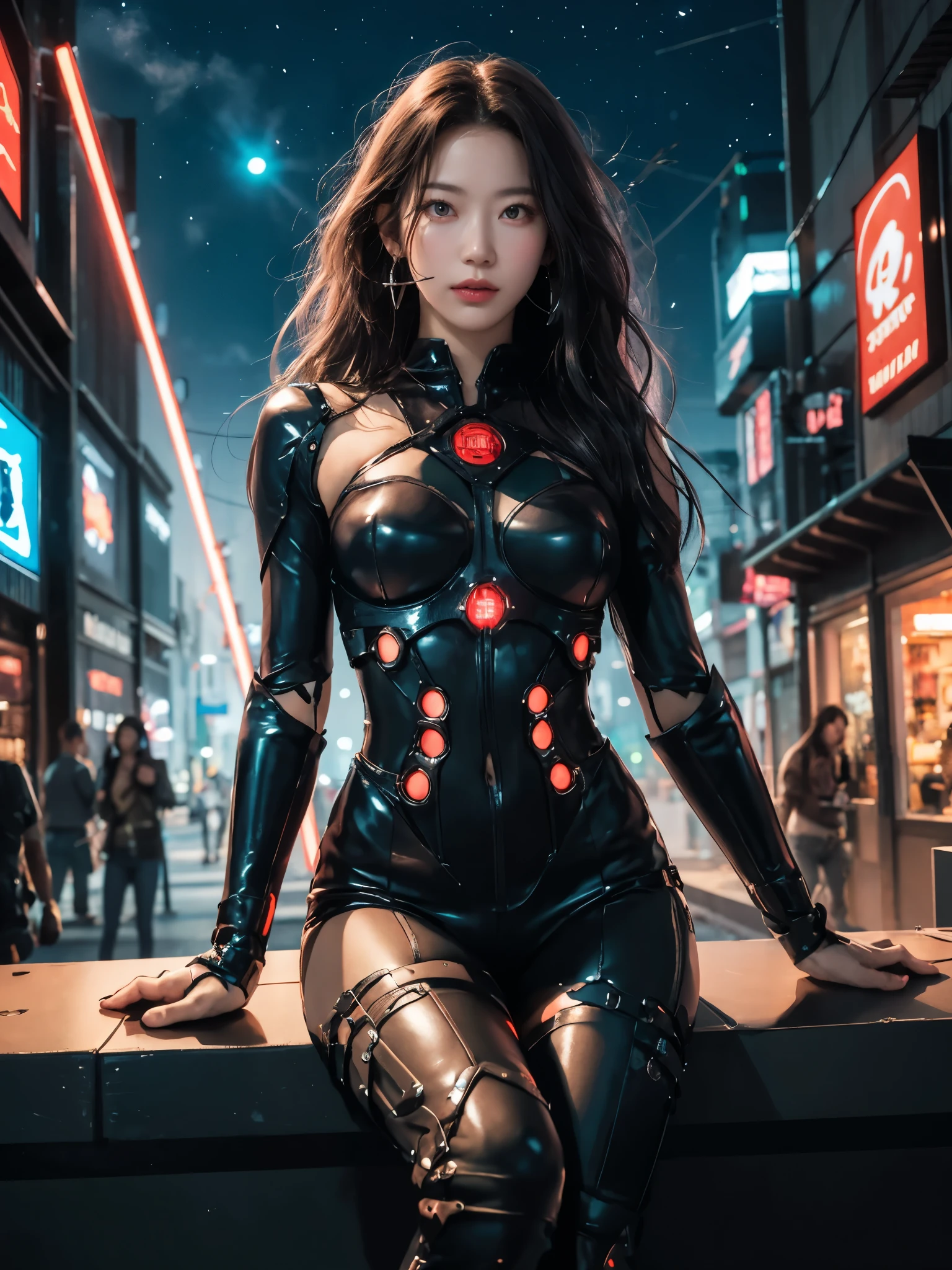 girl, sitting cross leg, holding long rod, see-through lace bodysuit, intricate lace, long hair, messy hair, looking at viewer, breasts, navel, statement earring, outdoor, night, dark, starry sky, one direct light, detailed shadow, cyberpunk, mechanical, red glowing rod, surreal, modern, beautiful, impressive presence, highly detailed, futuristic dark, militaristic, badge leather strap, style, enigmatic aura, imperative, elegant, illumination, realism, 