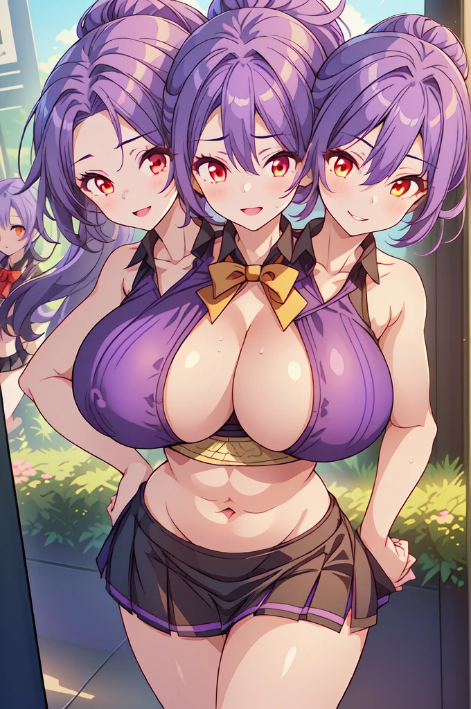 (masterpiece, best quality), best quality, best resolution, (ultra-detailed), ((3heads:2.0)), 1girl, ((three headed girl:1.5)), 1girl, (sannyo komakusa:1.3), heads evenly spaced from each other, masterpiece, (best quality:1.5, highres, UHD), highres, absurdo, ultra detail, ultra quality, Ultra resolution, dark red top mixed with purple, crop top, ((stomach)), midriff, ((groin)), multi-layered skirt, miniskirt, normal ears, sexy woman, (purple hair with a ponytail:1.5), shoulder-length hair, bowtie, red eyes, parted lips, sweat, cute, smiling, toned belly, hand on own chest, eyelashes, (23 year old woman:1.3), (masterpiece:1.5), (best quality:1.5), (beautiful detailed), extremely detailed CG, extremely delicate and beautiful, depth of field, (finely detailed face), (perfect details:1.2), (mature female:1.3), wide pelvis, slender, large veiny breast, 16k resolution, very high quality, very high definition, extremely detailed, masterpiece, purple hair with a ponytail, short messy hair, alluring presence, twin braid, short skirt, close up, very big breasts, very huge breasts, young, yellow bow, holding a golden fan,
