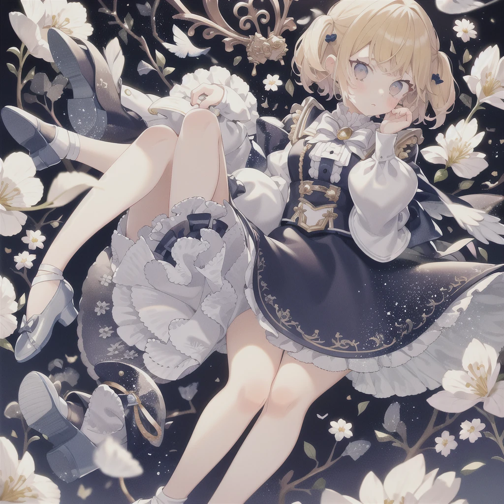 Uekura,  1 girl in uniform,  blonde hair , white background ,  have ,  dress, Blue footwear, Wings,  simple background, signature, flower,  nail polish,  wide sleeve over mouth,  Long Sleeve , , animal, White Flower, Alone, whole body, bird, looking at viewer,  high heels,  place your hand on your cheek,  I'm putting my hands on my face, frills, bow, bangs, ribbon, Bell,  blue head ornament, +_+, socks,  short haired ,  gray eyes, shoes, Blue Nail, Feathered Wings , blue bow