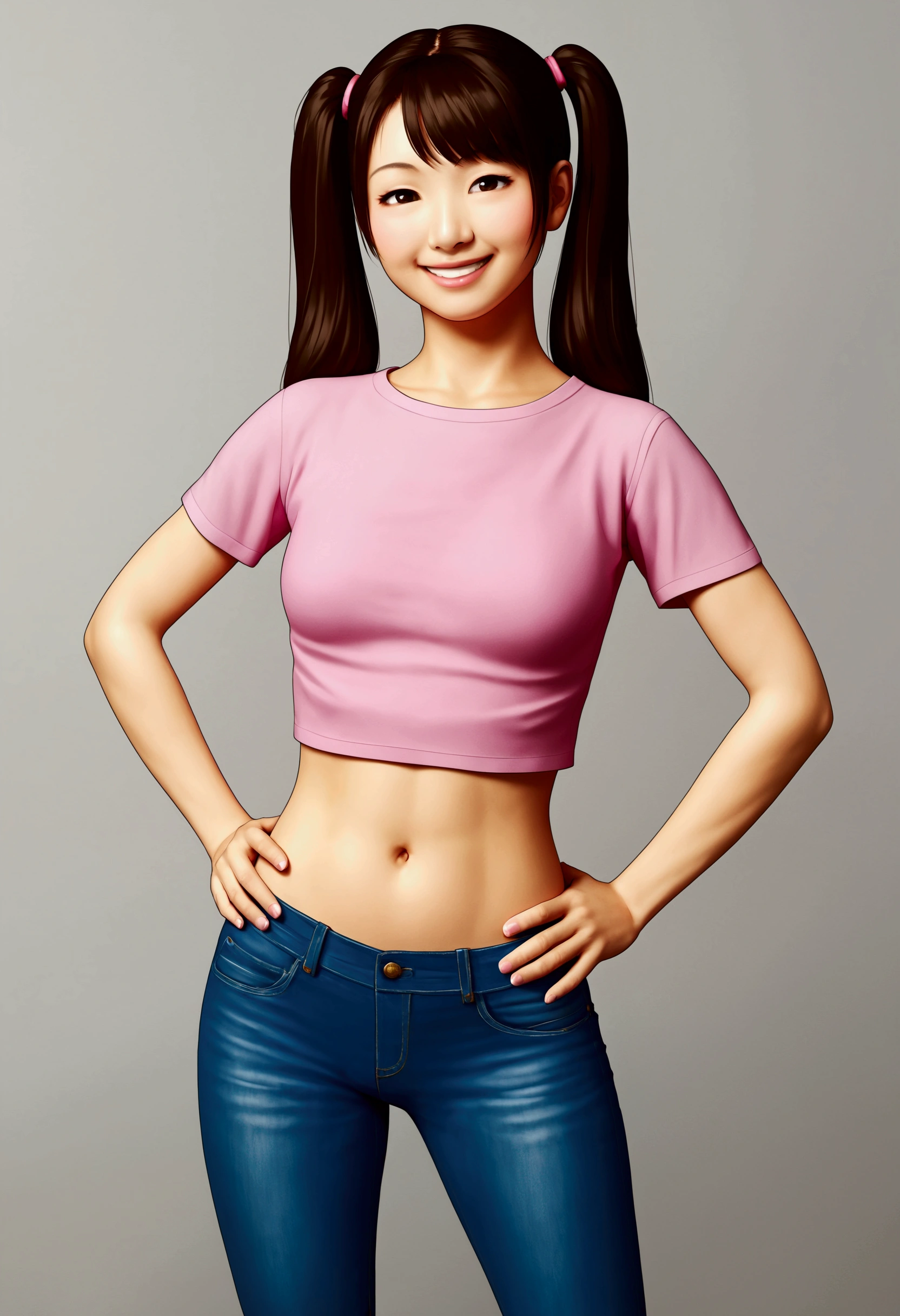 Asian girl, 1girl, twintails, jeans, taut pink t-shirt, midriff, belly, navel, smile, hands on hips