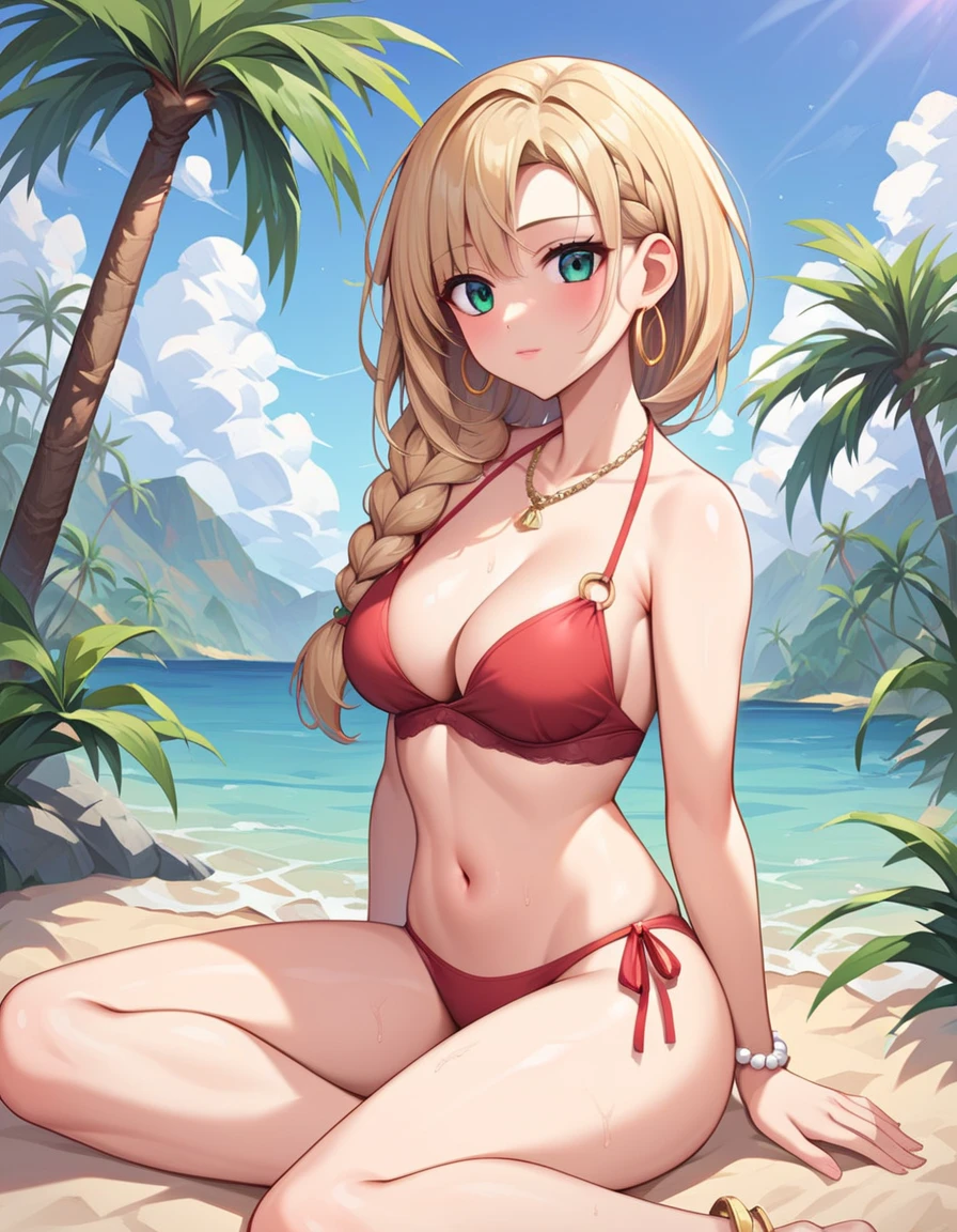 1girl, solo, masterpiece, best quality, (anime art style:1.0), blushing, ✂ Hairstyle01 - sidebraid ✂ neon green, soft pink lips, red bikini, beach background with palm trees/landscape, sitting in the sand, black anklet, gold hoop earrings, pearl bracelet 