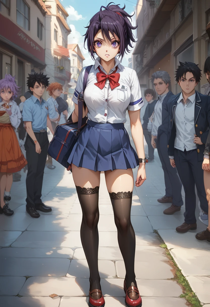 (( top quality )), (( Masterpiece )), (Familiar with),  perfect face , eyelash , Big eyes, background, pavement, TenSura:  tensei Shitara Slime Datta Ken,  Sakaguchi Hinata, Short black hair, Purple eyes,  black eye,  Sparkling Glitter,  with white school shirt, Red hoof skirt , Belted Stockings 