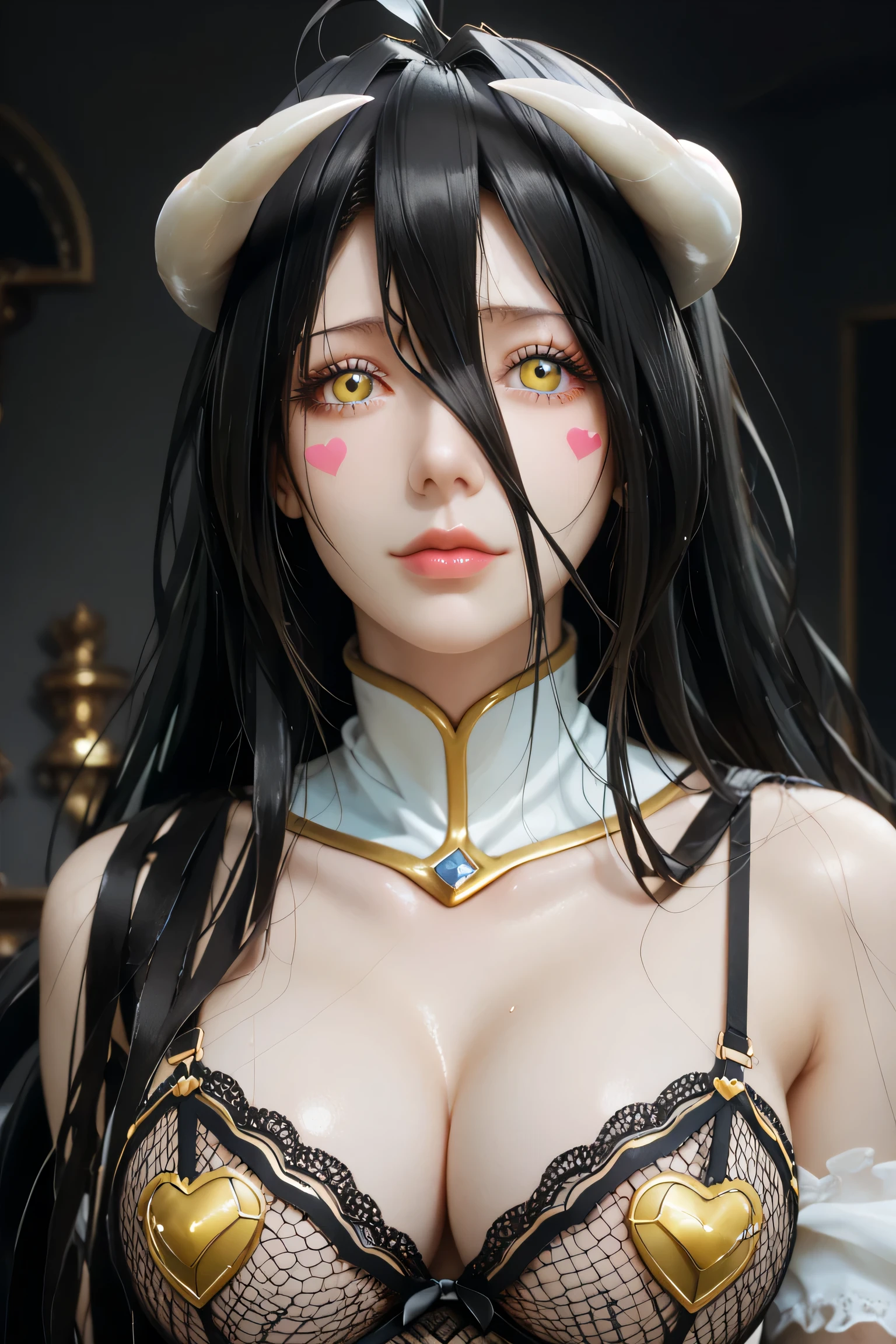 ( masterpiece , best quality ), 1 girl,2d, beautiful face, demon horns ,( long black hair ),( black hair)( black hair largo),( yellow eyes ),pesones with cold , HIGH QUALITY,ultra detailed , albedo,choke, long hair, big breasts , self-adhesive stickers for nipple heart-shaped lingerie..