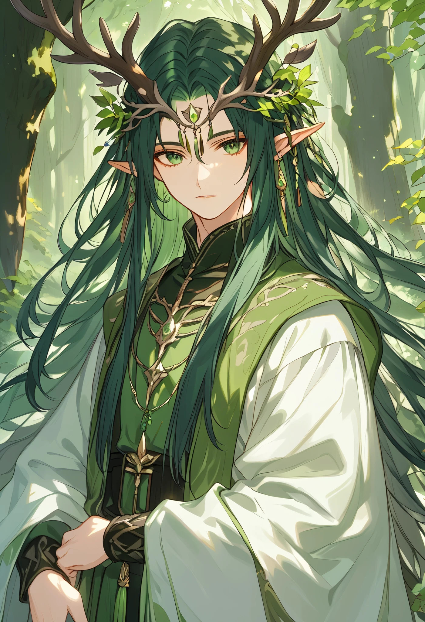 a single young man ,  long straight hair ,  dark green hair ,  forest god ,  dressed in medieval Druid clothes,  with two elk antlers on his head ,  pointed ears ,  green eyes, peaceful, quiet,  beautiful face, details of the forest , 