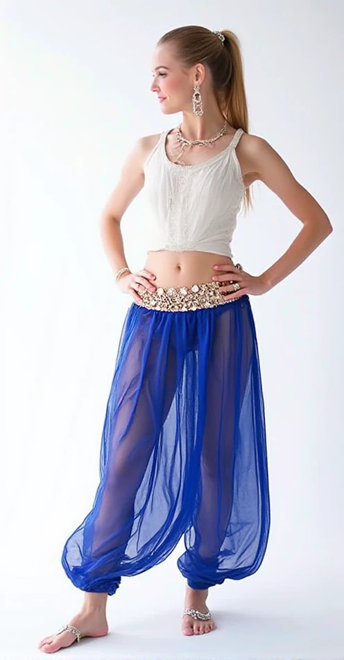 A sexy girl, beautiful beauty, light blue hair, her big round blue eye, light pink lip, she wears a white sleeveless shirt, shows her navel, and a long blue skirt with a long heel, black hair, wearing a pussy.